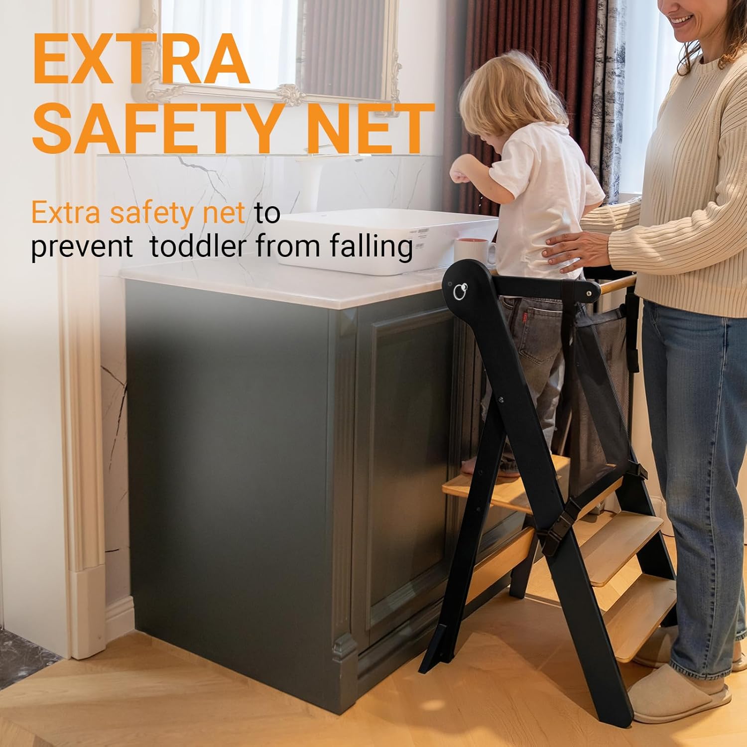 Thumbnail 4 de COSYLAND Foldable Toddler Standing Tower with Adjustable Height and Safety Net, Ages 18 Months–6 Years