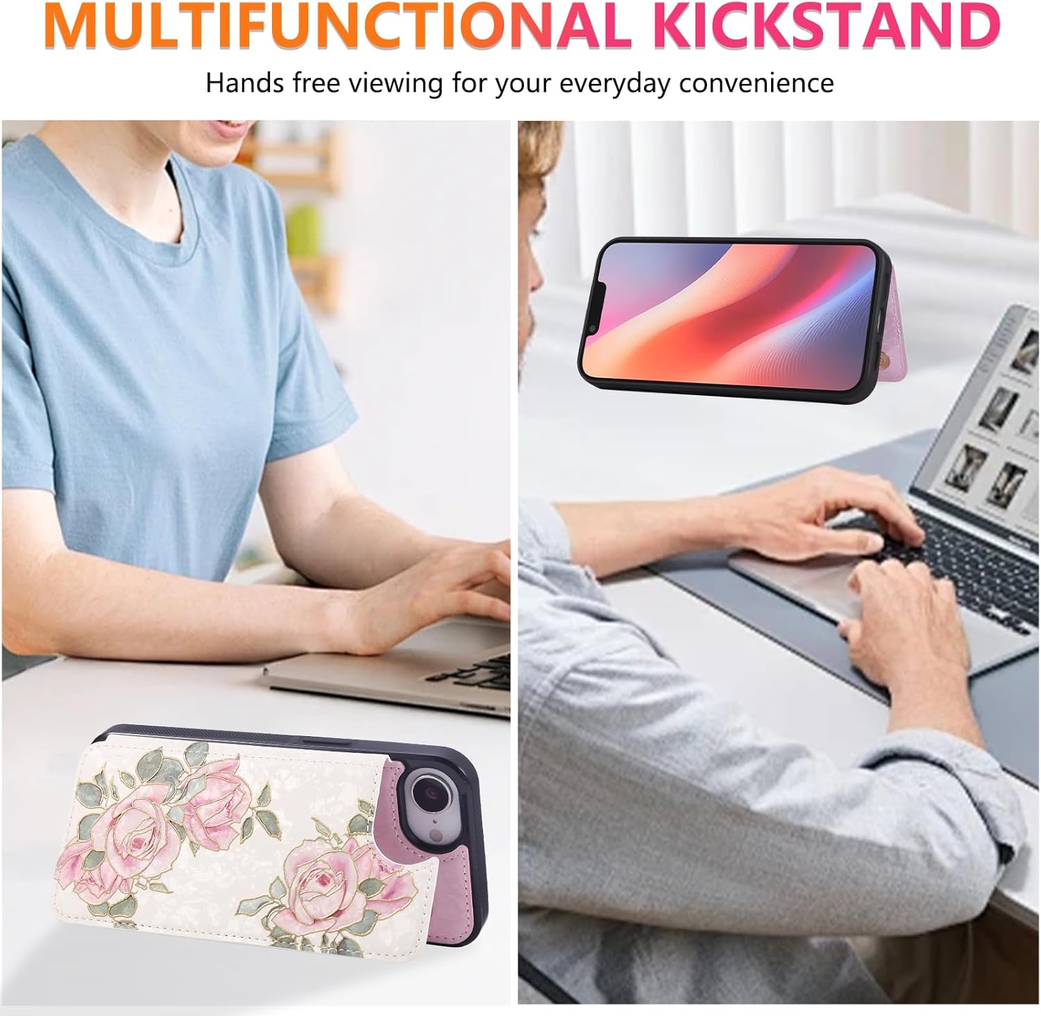 Thumbnail 1 de Asuwish Rose Wallet Case for iPhone 16e/SE 2025 with Screen Protector, 4 Card Slots and Stand