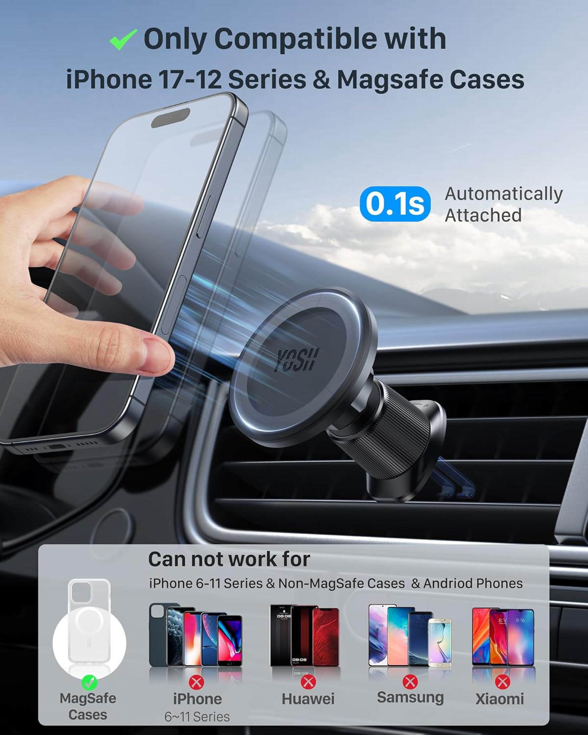 Detalle de YOSH für MagSafe Handyhalterung Auto – magnetische 360°-Halterung für iPhone 17/16/15/14/13/12 (Pro/Max & mini)