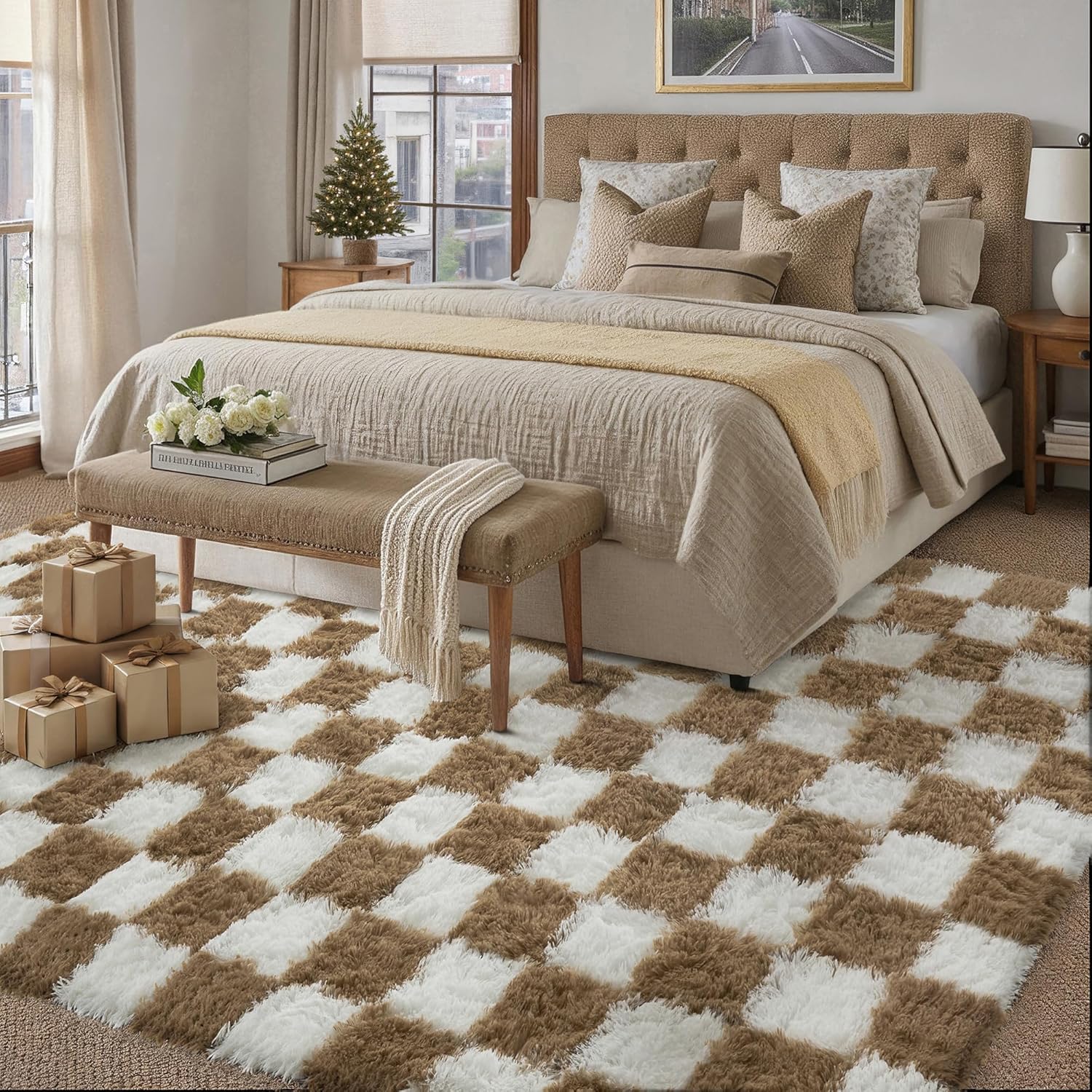 Detalle de HUGEAR Tappeto Salotto 240x300 cm Pelo Lungo a Quadri Marrone-Bianco | Morbidezza e Sicurezza per Ogni Ambiente