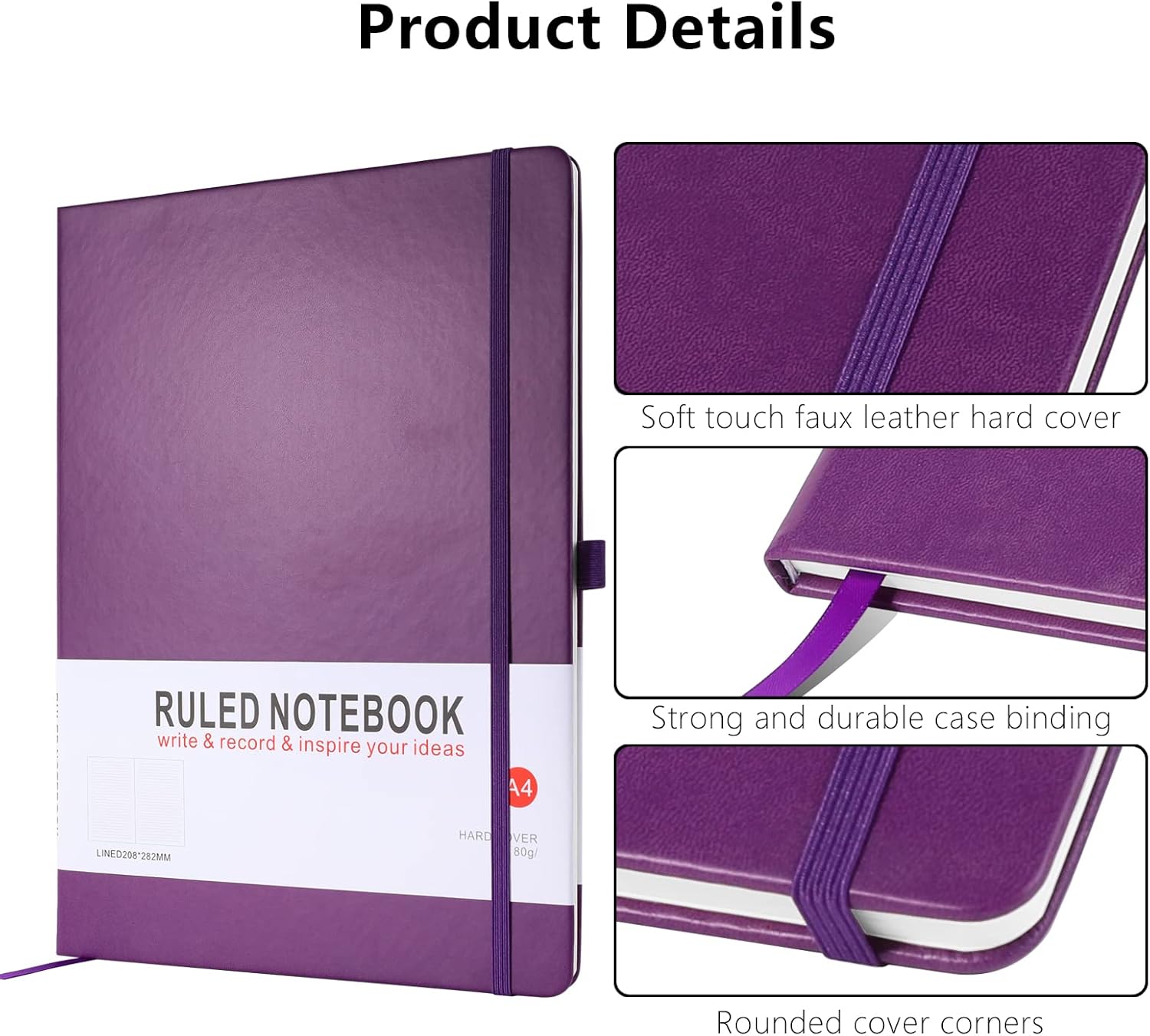 Detalle de HIJYOO A4 Hardcover Notebook (160 pages) with Elastic Closure, Bookmark & Pen Loop, Purple