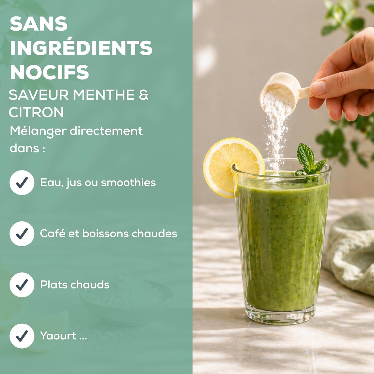 Detalle de Collagène Marin Naticol® en poudre – Menthe-Citron, 300 g (60 doses) — Fabriqué en France, pour peau, articulations et récupération musculaire
