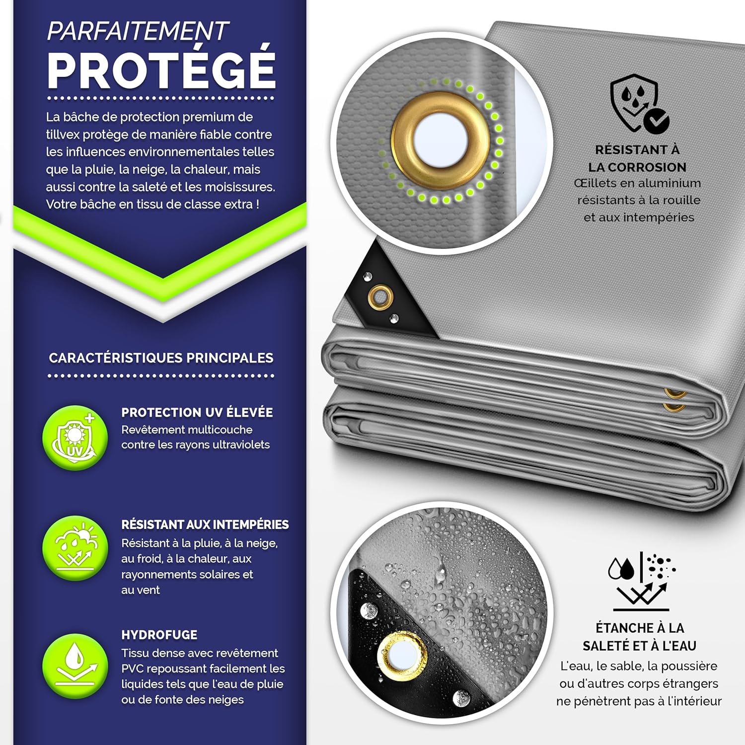 Thumbnail 1 de tillvex® Bâche de protection PVC 650 g/m² avec œillets, 10 crochets et corde de tension (15 m)