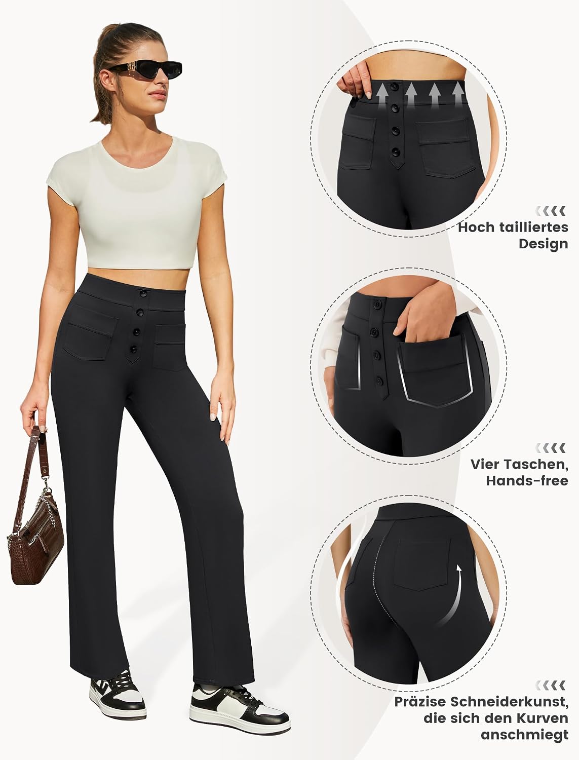 Detalle de Friptspyg Damen Freizeithose mit Hoher Taille – Stretch, Gerade Schnitte, Taschen