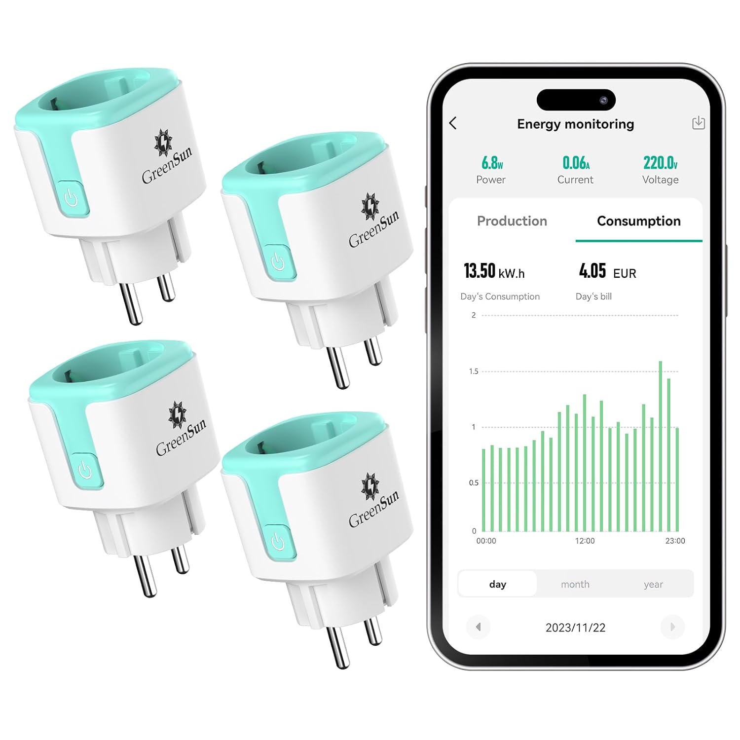 Detalle de GreenSun WLAN-Stromzähler Steckdose Smart Life: Energie messen, schalten & per Alexa/Google steuern
