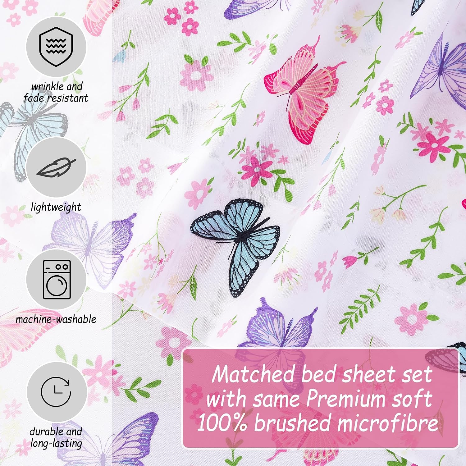 Detalle 1 de Softan Kids Full-Size Bed Sheet Set, Butterfly Bloom, 15" Deep Pocket
