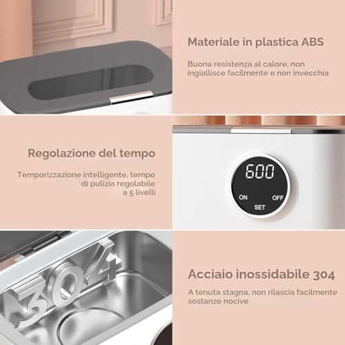 Detalle de Pulitore a ultrasuoni da 600 ml di Vpcok Direct: pulizia profonda per occhiali, gioielli e orologi