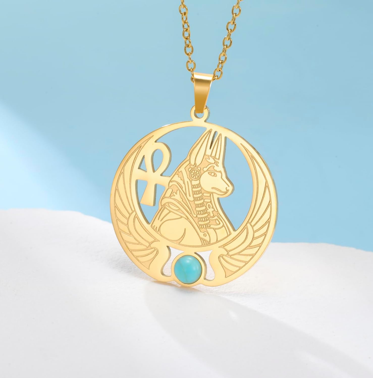 Thumbnail 2 de EUEAVAN Ägyptische Anubis-Halskette – Ankh-Kreuz, Isis & Flügel-Skarabäus Amulett aus Edelstahl