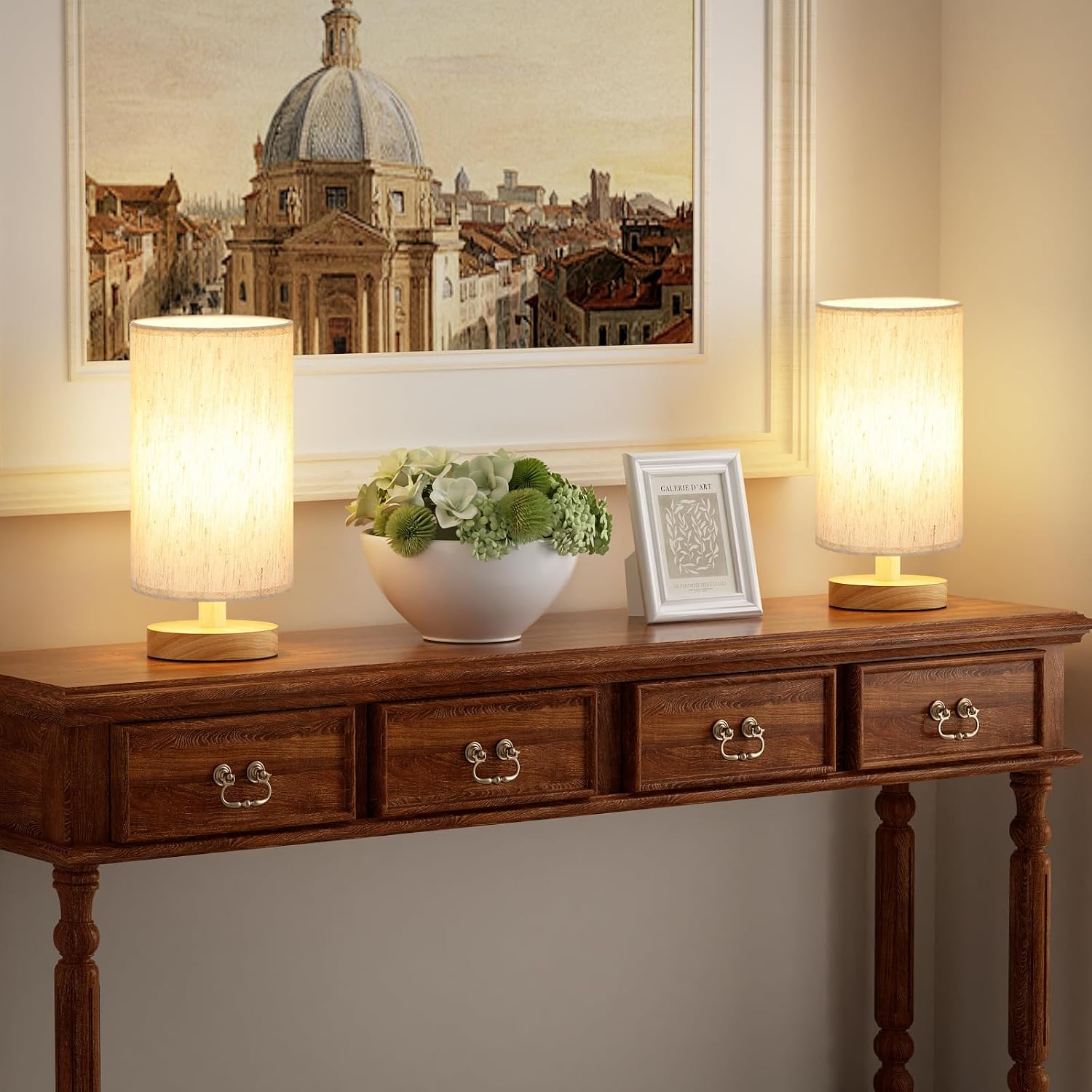 Detalle de Fenmzee yuan20-1 Table Lamps, Set of 2, 9-Inch Cream Linen Shades, Wood Bases