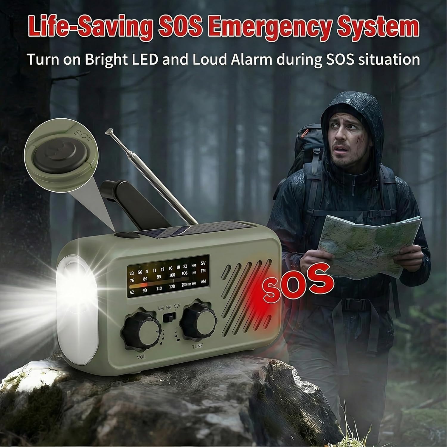 Thumbnail 4 de Radio di emergenza portatile con alimentazione solare e manovella: 2000 mAh, allarme SOS e torcia 3W