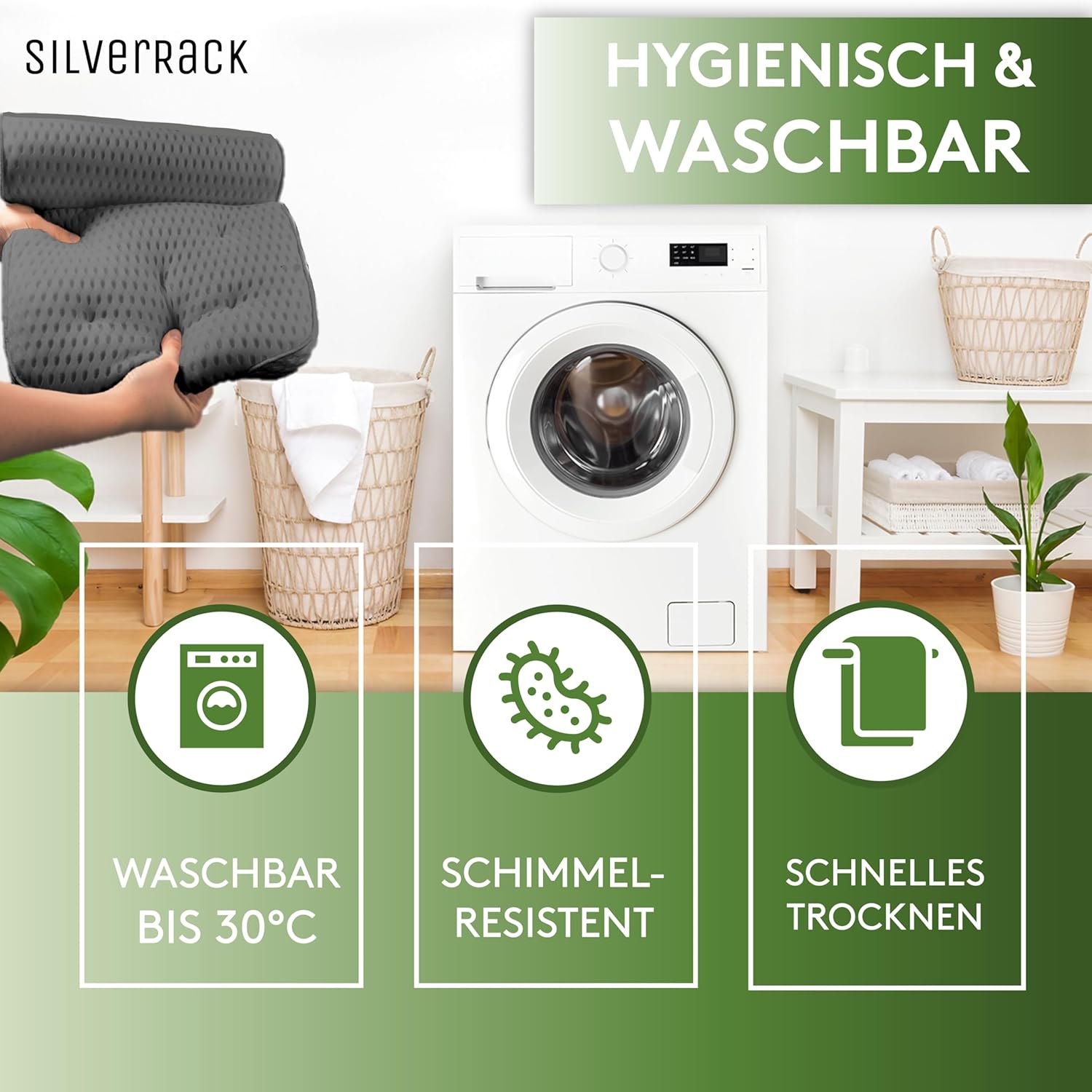 Detalle de SilverRack Badewannenkissen MEDIUM-WEICH (Grau 4D) – Nackenkissen mit Saugnäpfen für die Badewanne