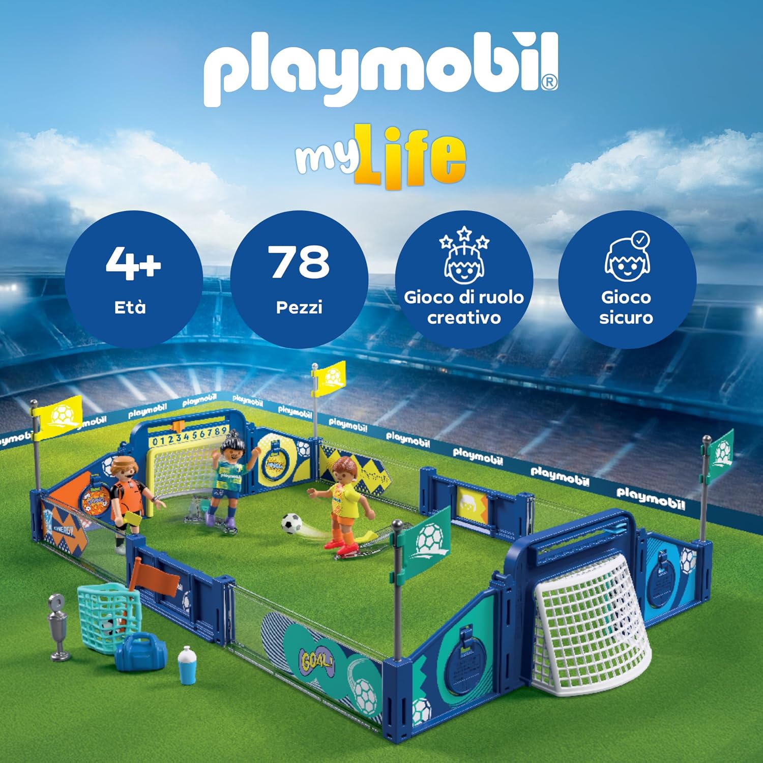 Detalle de PLAYMOBIL My Life Calcio-Arena 72056: campo interattivo con tiro, porte e arbitro mascotte