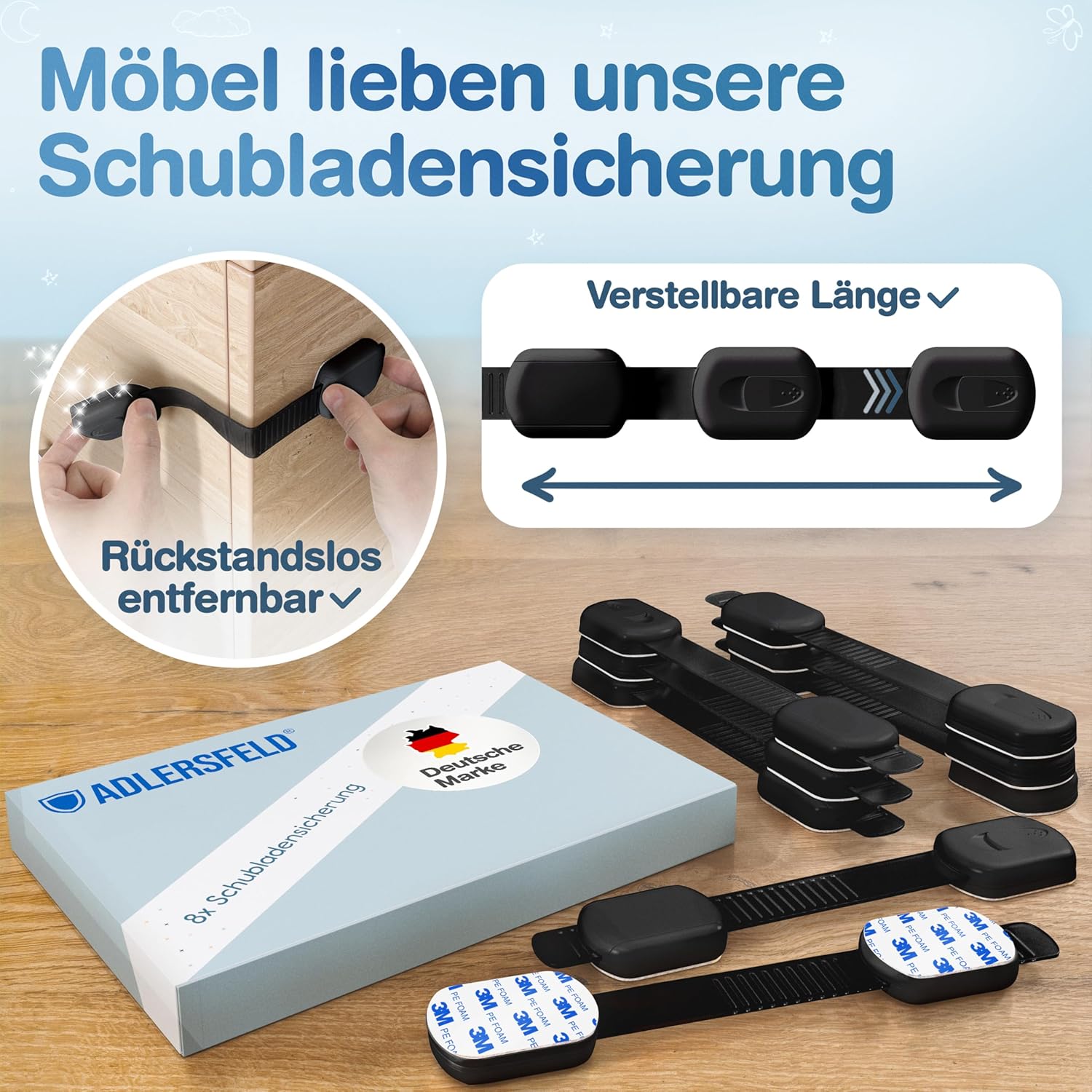 Detalle de ADLERSFELD 10x Kindersicherung Schrank – mit 3M Kleber, rückstandsfrei entfernbar, BPA-frei