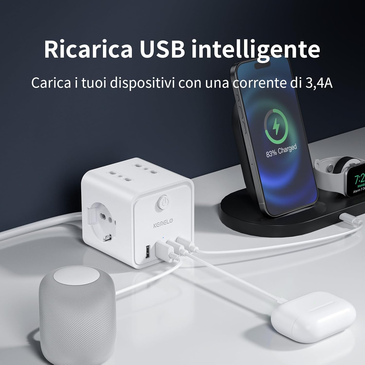 Thumbnail 2 de Ciabatta Elettrica Multipresa con 4 prese universali 10/16A, 2 USB-A + 2 USB-C e 3 m di prolunga (spina piatta salvaspazio) – kit nero con interruttori