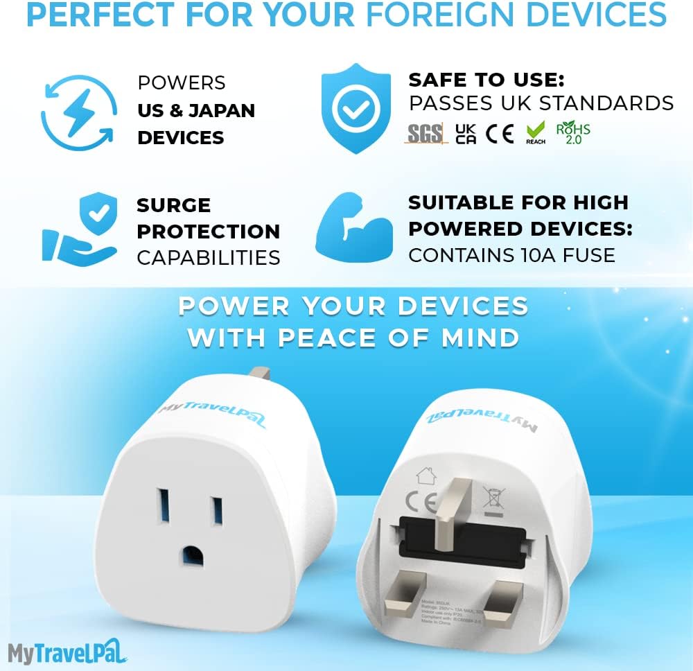 Detalle de MyTravelPal US to UK Plug Adapter | 10A Fuse, UK Safety Standard 8546