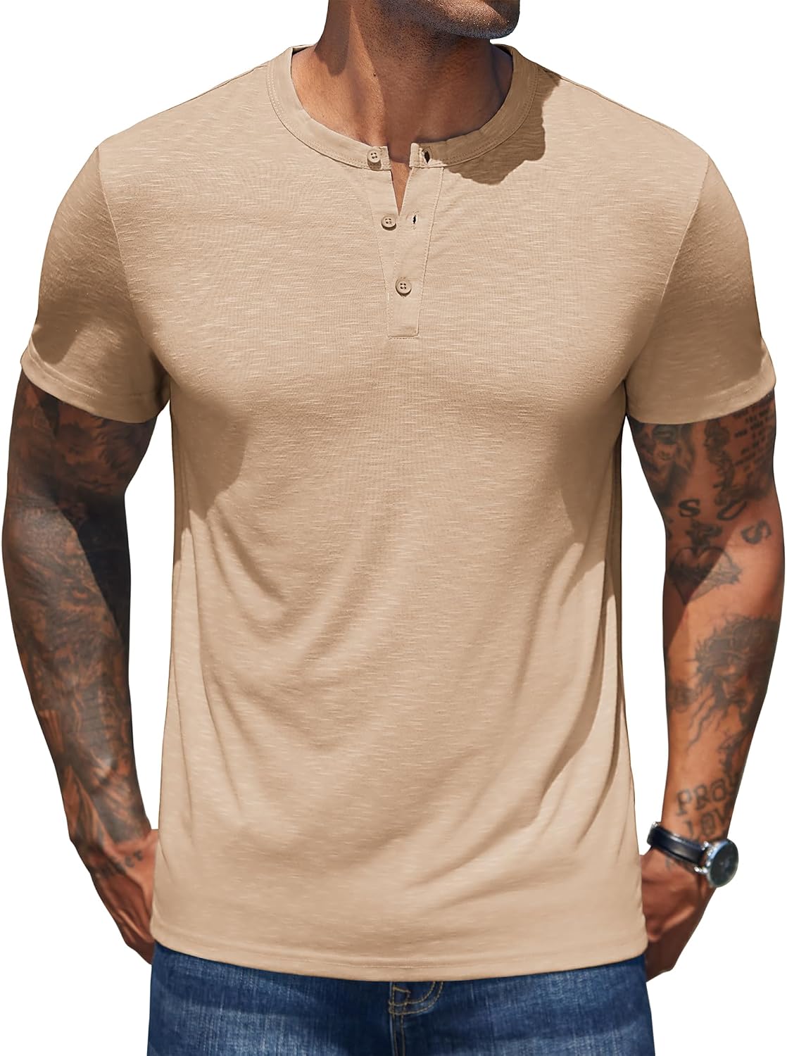 Detalle 2 de COOFANDY T-shirt Henley homme à manches courtes avec col boutonné