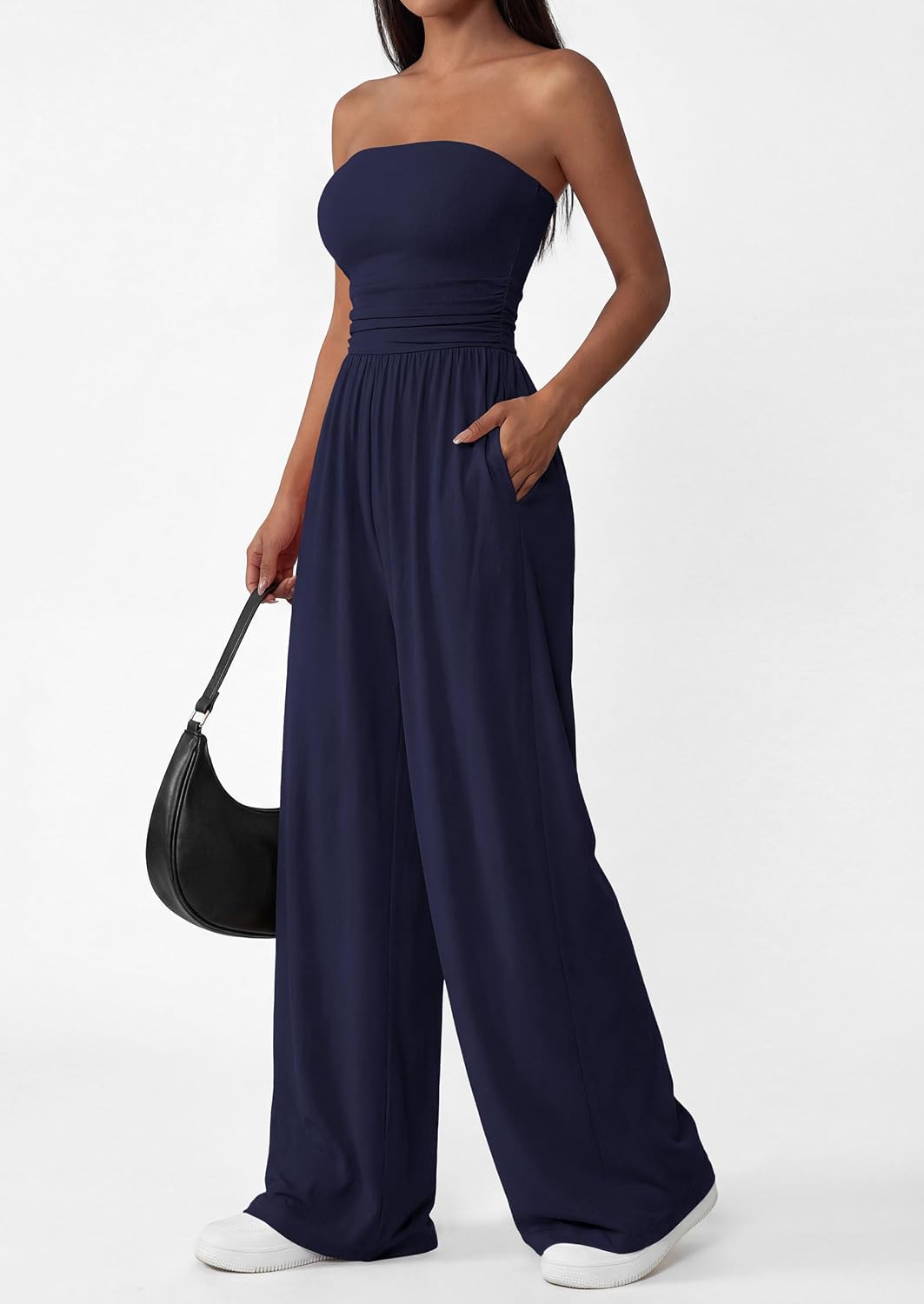 Detalle de PRETTYGARDEN Womens Trendy Strapless Rompers: Ruched Tube Top Wide Leg Jumpsuit