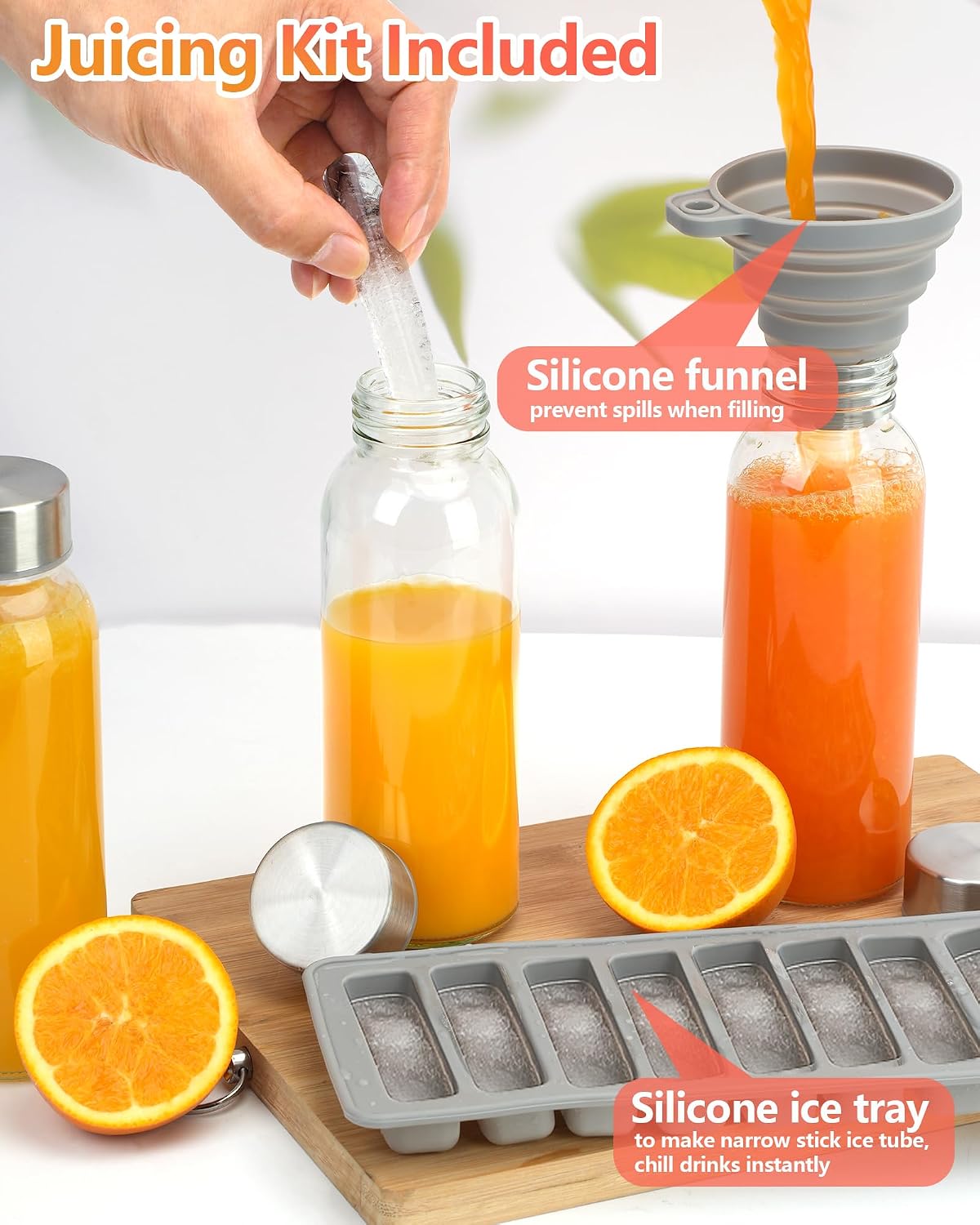 Detalle de Zukro 10.5oz glass bottles, 8-pack juice bottles with stainless steel lids
