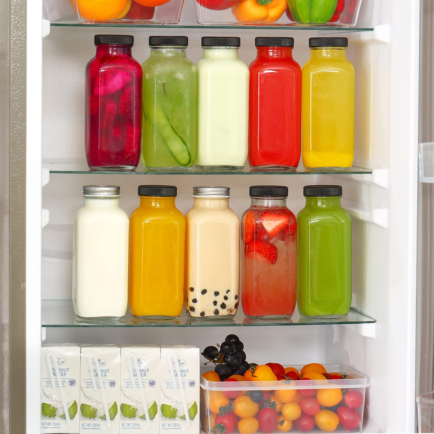 Detalle de CUCUMI 10pcs 16oz Glass Juice Bottles with Lids (Reusable Drinking Jars, Straws & Cleaning Brush Set)