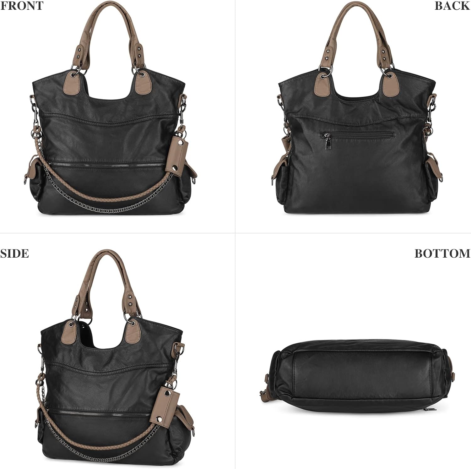 Detalle 2 de VINBAGGE washed vegan leather ladies bag in black – large capacity crossbody/tote with multiple pockets