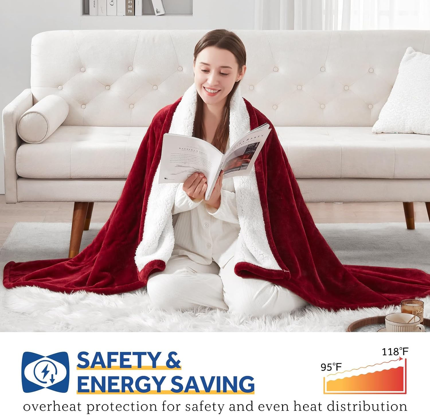 Detalle 2 de Sealy KTHT-QBHVS-W Heated Electric Throw, Sherpa & Flannel, 6 Heat Settings