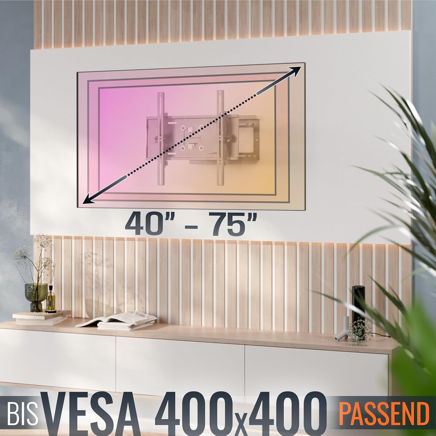 Detalle de RICOO TV Wandhalterung R23-F Schwenkarm für 40–75 Zoll, VESA 400x400, Tragkraft 95 kg