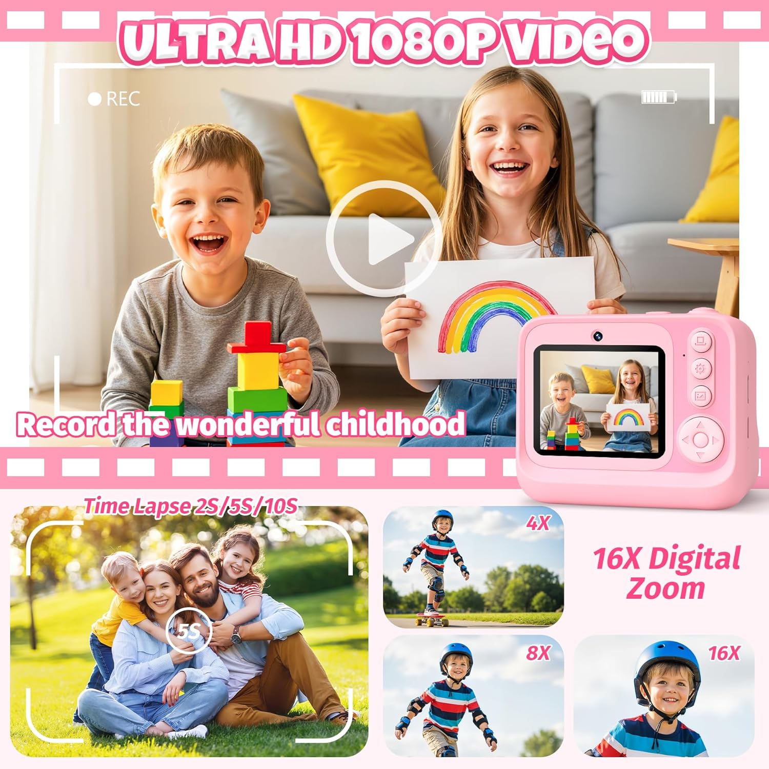Detalle de Gontence Appareil Photo Instantané Enfants – Caméra multi-fonctions rose, 32 Go + 3 rouleaux d'impression