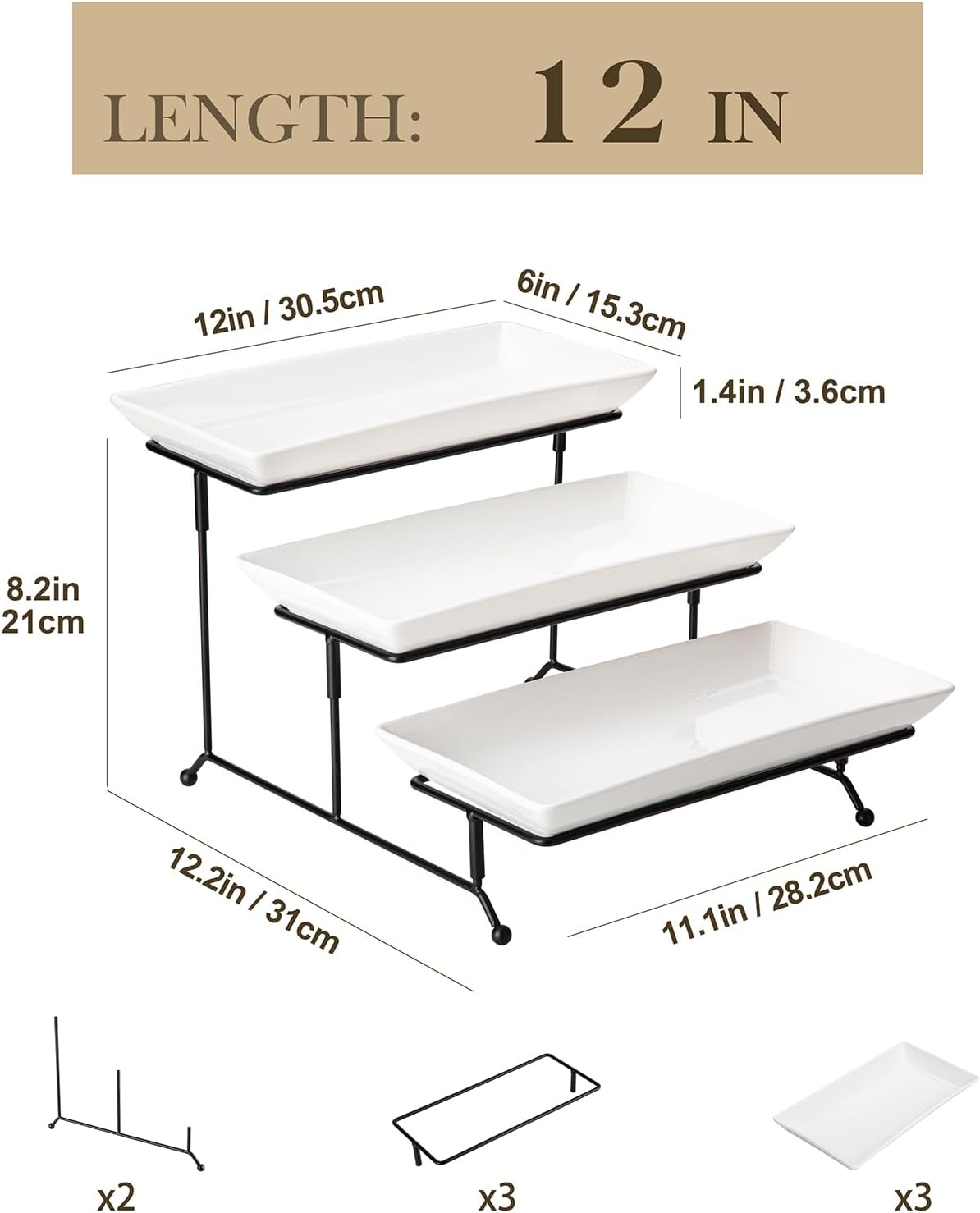 Thumbnail 1 de MALACASA 3-Tier Porcelain Serving Stand with Collapsible Metal Rack, 12-Inch Tray