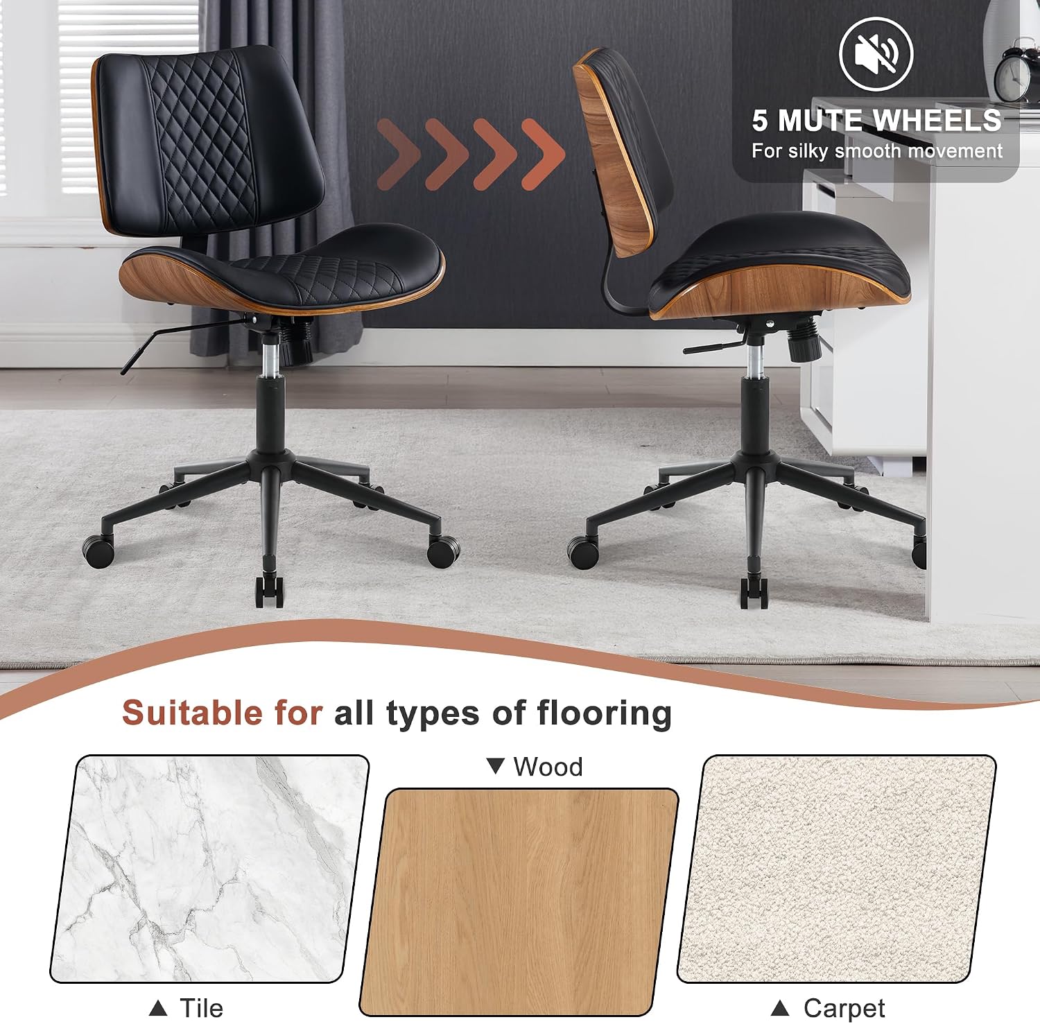Thumbnail 3 de BERYTH Bürostuhl ohne Armlehne mit Leder-Optik, Holz-Panel und Wippfunktion (bis 136 kg), 360° drehbar – Schwarz