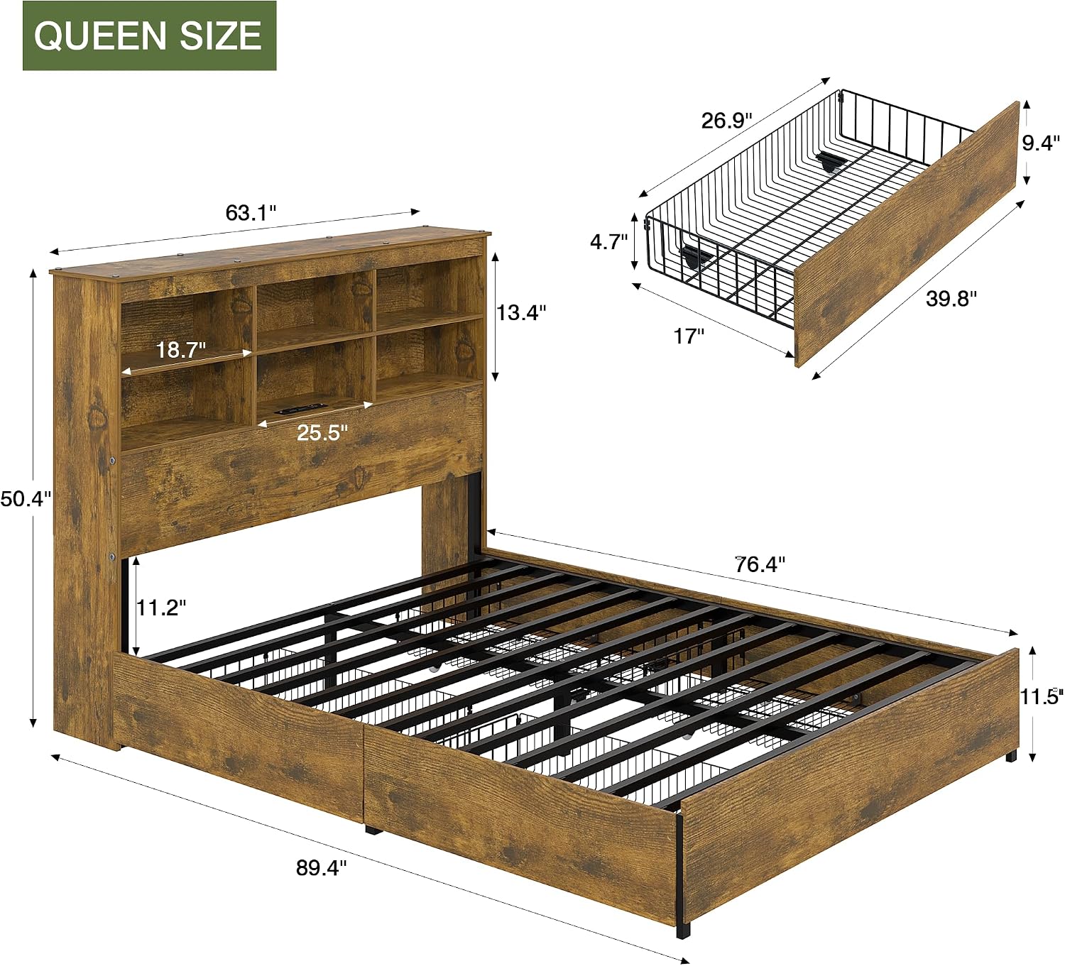 Detalle 2 de VECELO Queen Bed Frame with 50-Inch Headboard