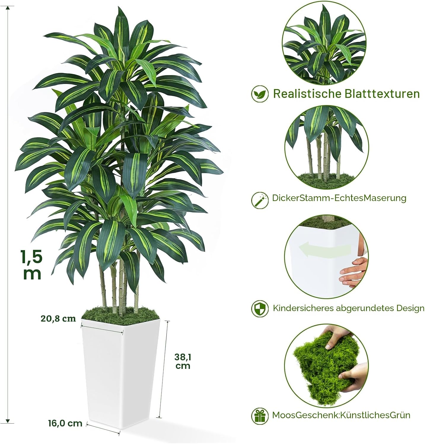Detalle de Keeplush Dracaena Kunstpflanze 150 cm mit Weißem Pflanzgefäß – realistische Kunststoffpalme