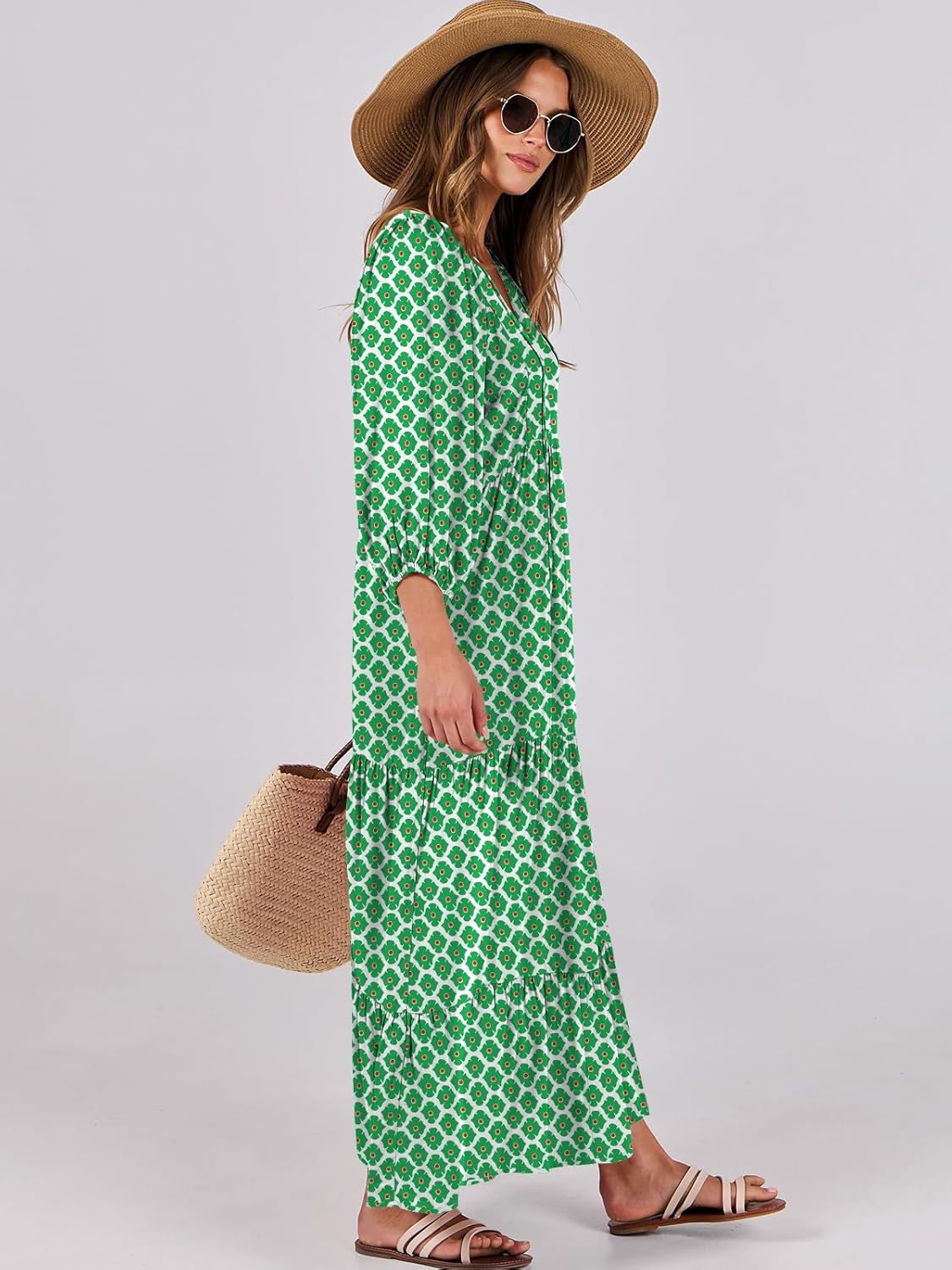Detalle de ANRABESS Womens Boho Maxi Dress 2026 Summer V Neck Puff Sleeve Floral Flowy Swing Long Dress