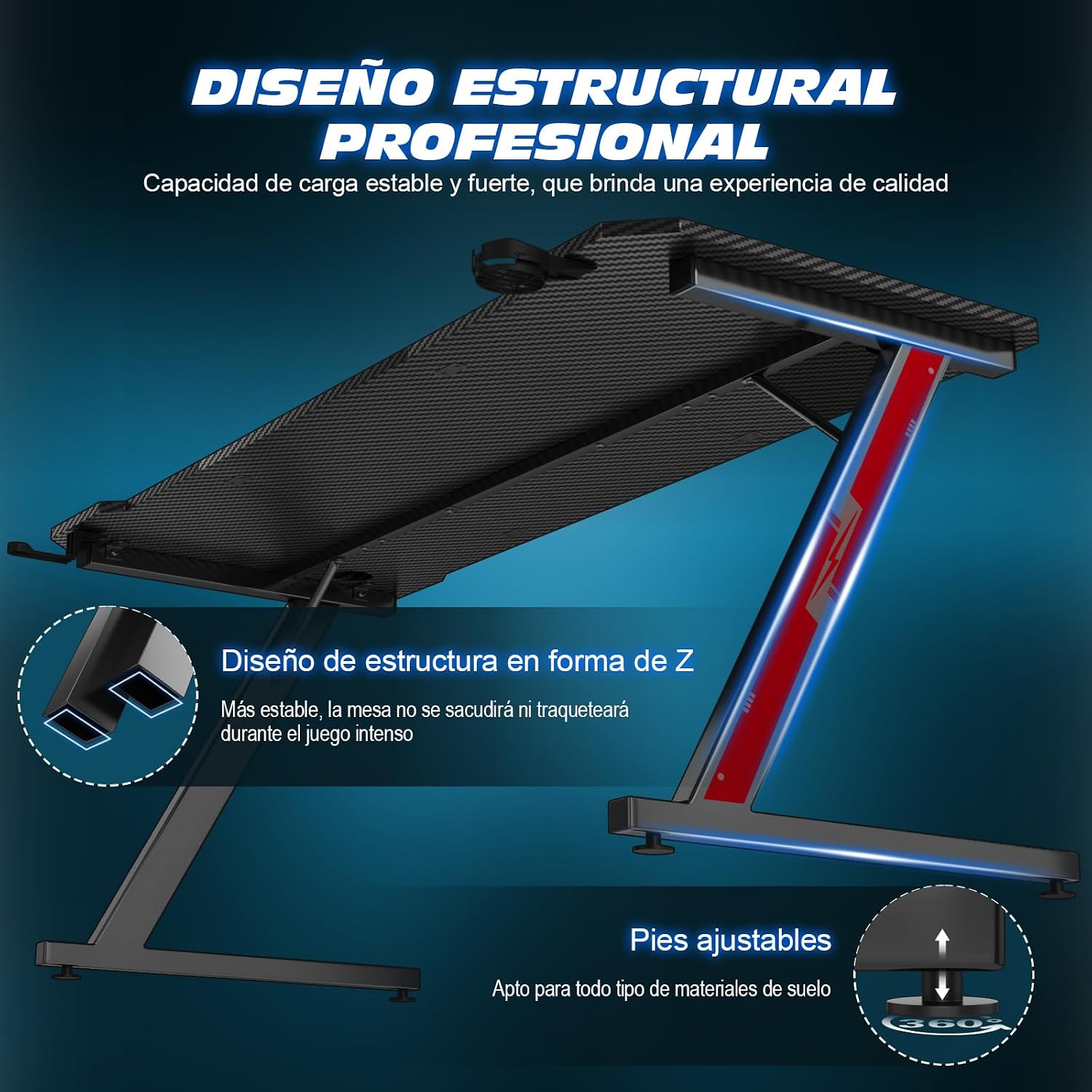 Thumbnail 6 de TRIUMPHKEY Mesa Gaming Z 140x60cm con Portavasos y Ganchos