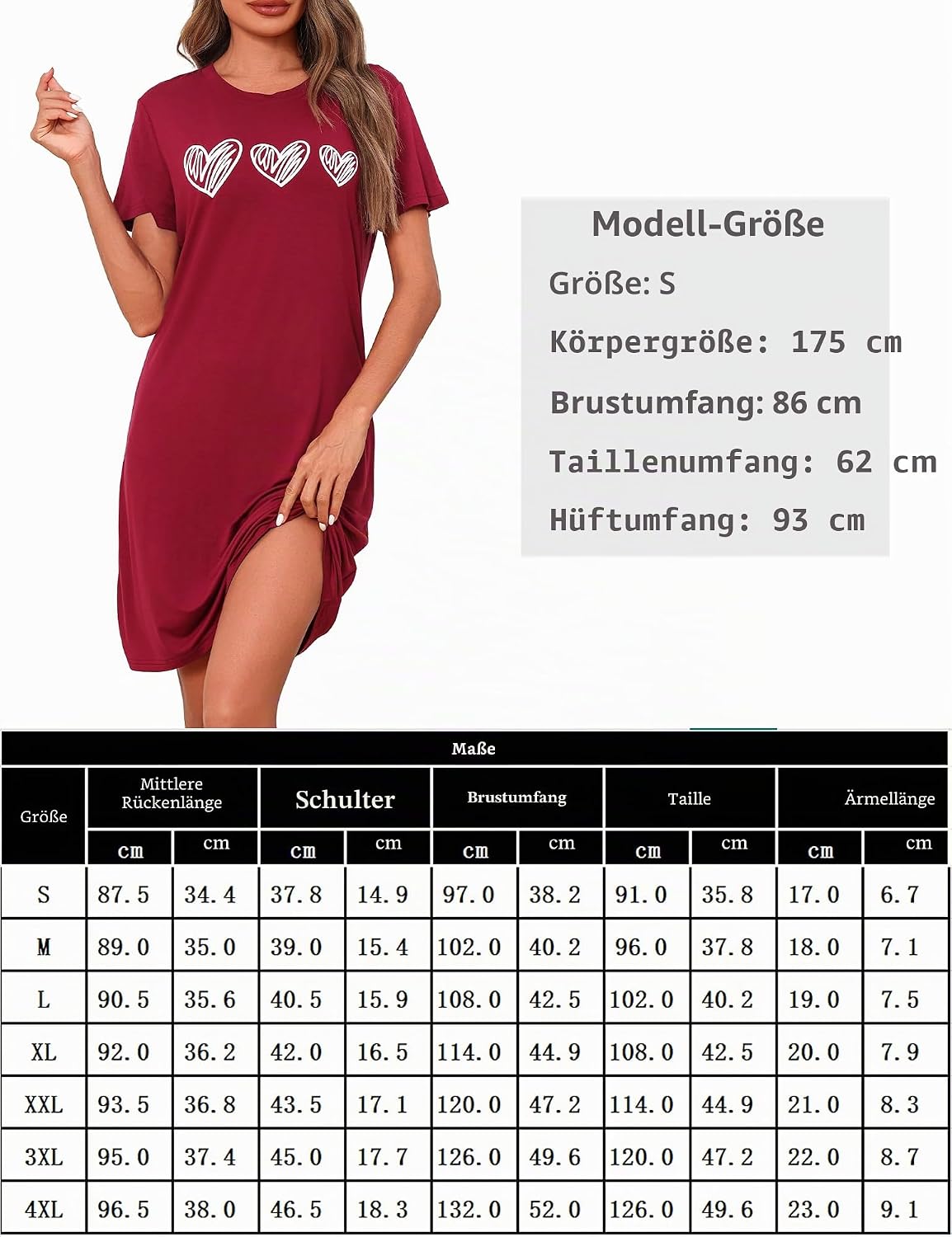 Detalle 2 de Marvmys 2er Nachthemd Damen Kurzarm Schlafshirt – Baumwolle mit Herz-Print
