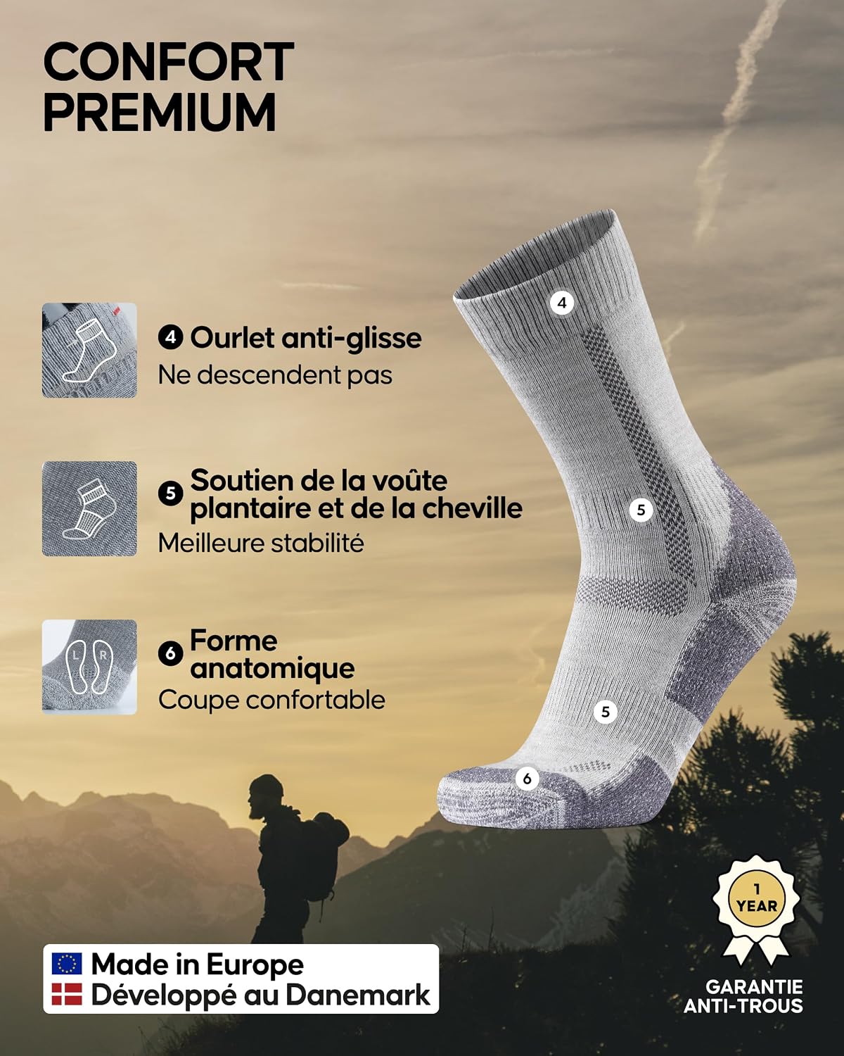 Detalle de DANISH ENDURANCE Chaussettes de randonnée en laine mérinos (lot de 3) – amorties, anti-ampoules, unisex