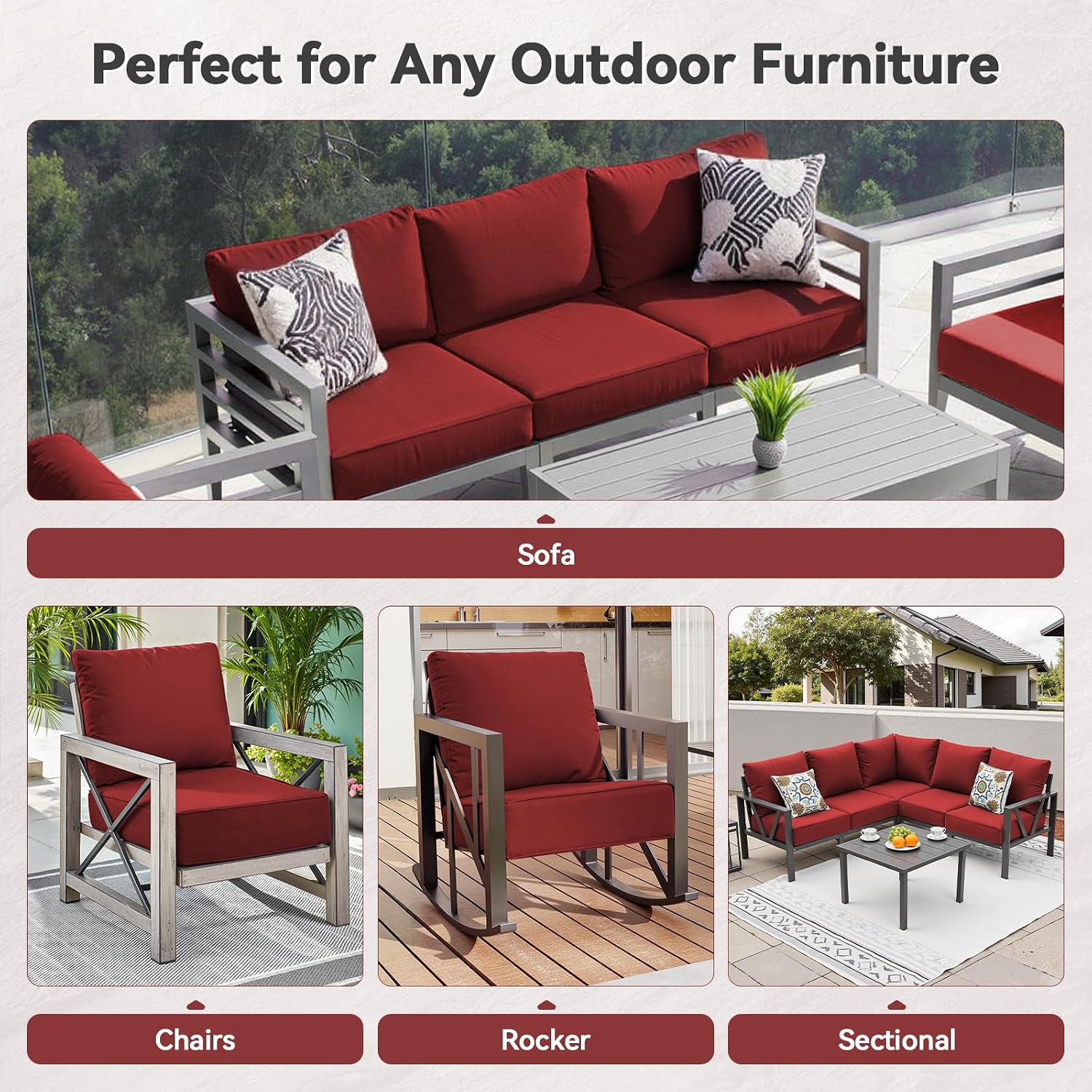 Thumbnail 6 de Pugire PGZBDJH01 Outdoor Patio Cushions, 22 x 24 x 6-Inch, Red, 4-Piece Set