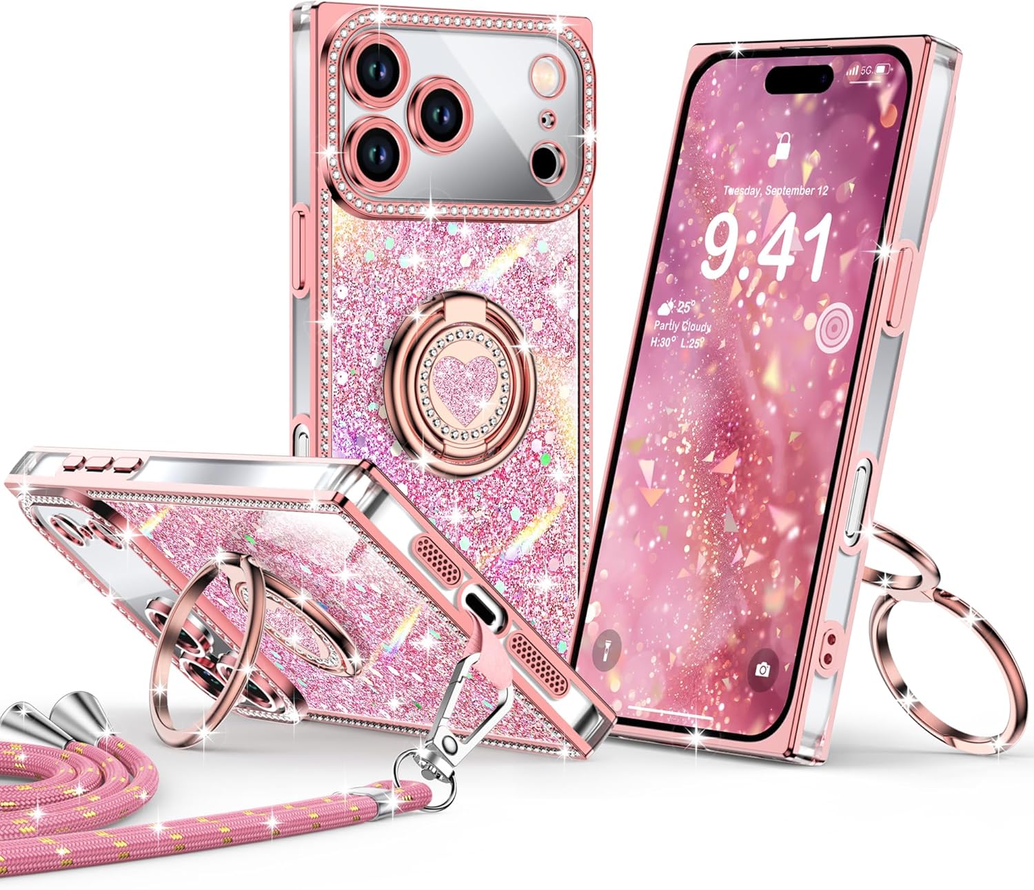 Detalle de XYZ Glitter Bling Case for iPhone 17 Pro Max – Pink with 2-Ring Heart Stand & Lanyard