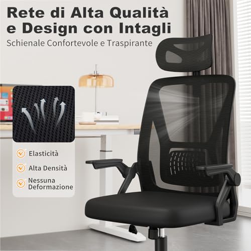 Detalle de naspaluro Sedia da Ufficio con Braccioli Ribaltabili a 90° e Schienale in Rete 3D, Nero