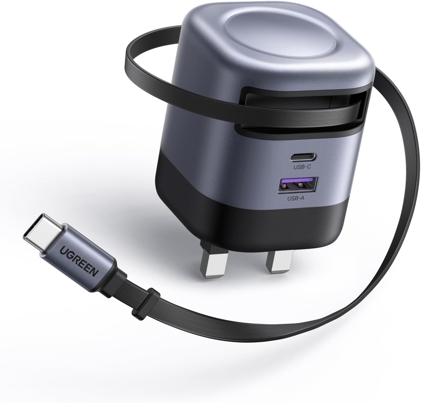 Detalle de UGREEN USB-C 45W 3-Port Fast Charger Plug with Retractable Cable (UGREEN USB C Charger Plug)