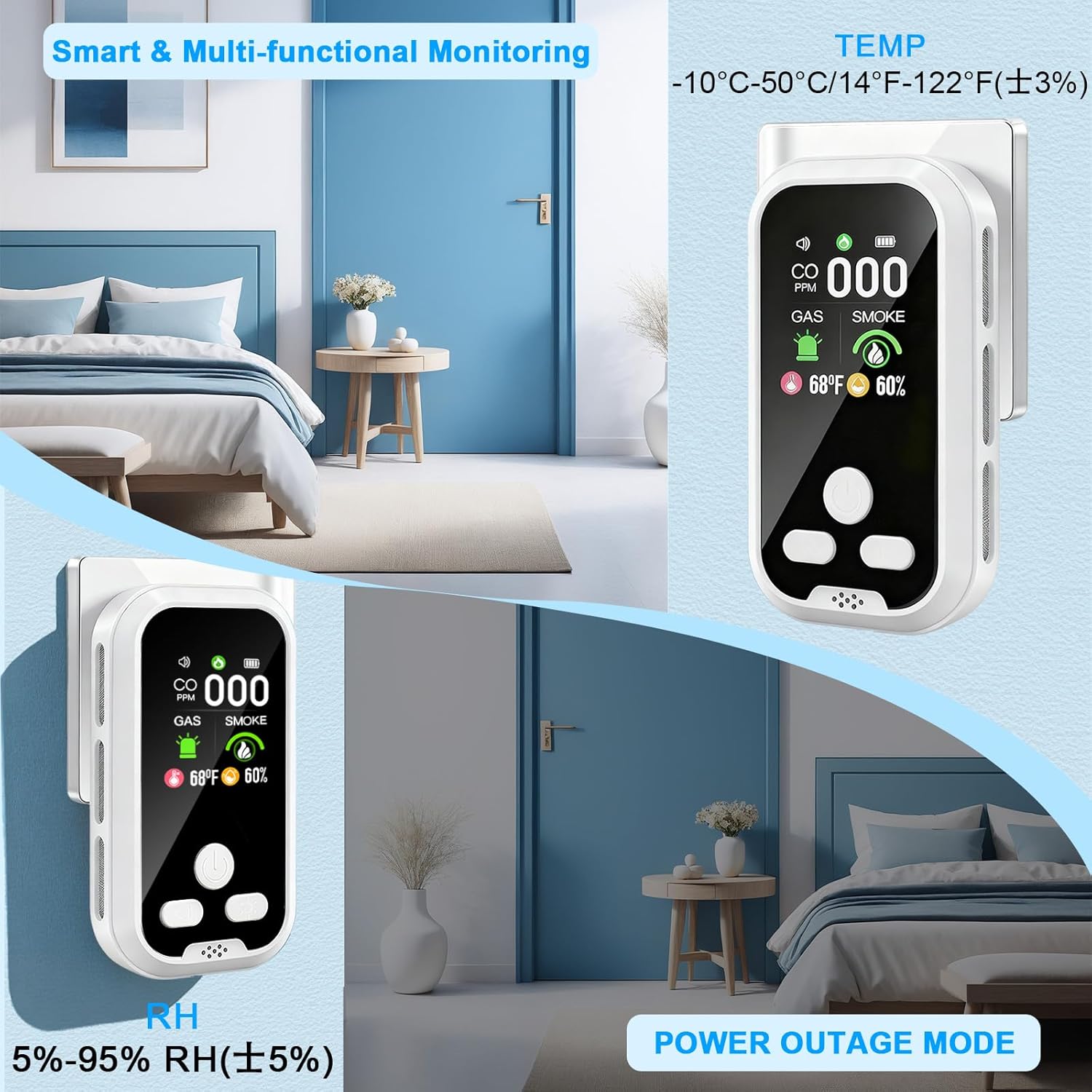 Thumbnail 4 de 6-in-1 Carbon Monoxide Detector Combo with LCD Display (CO, Natural Gas, Smoke, Temperature & Humidity) – White