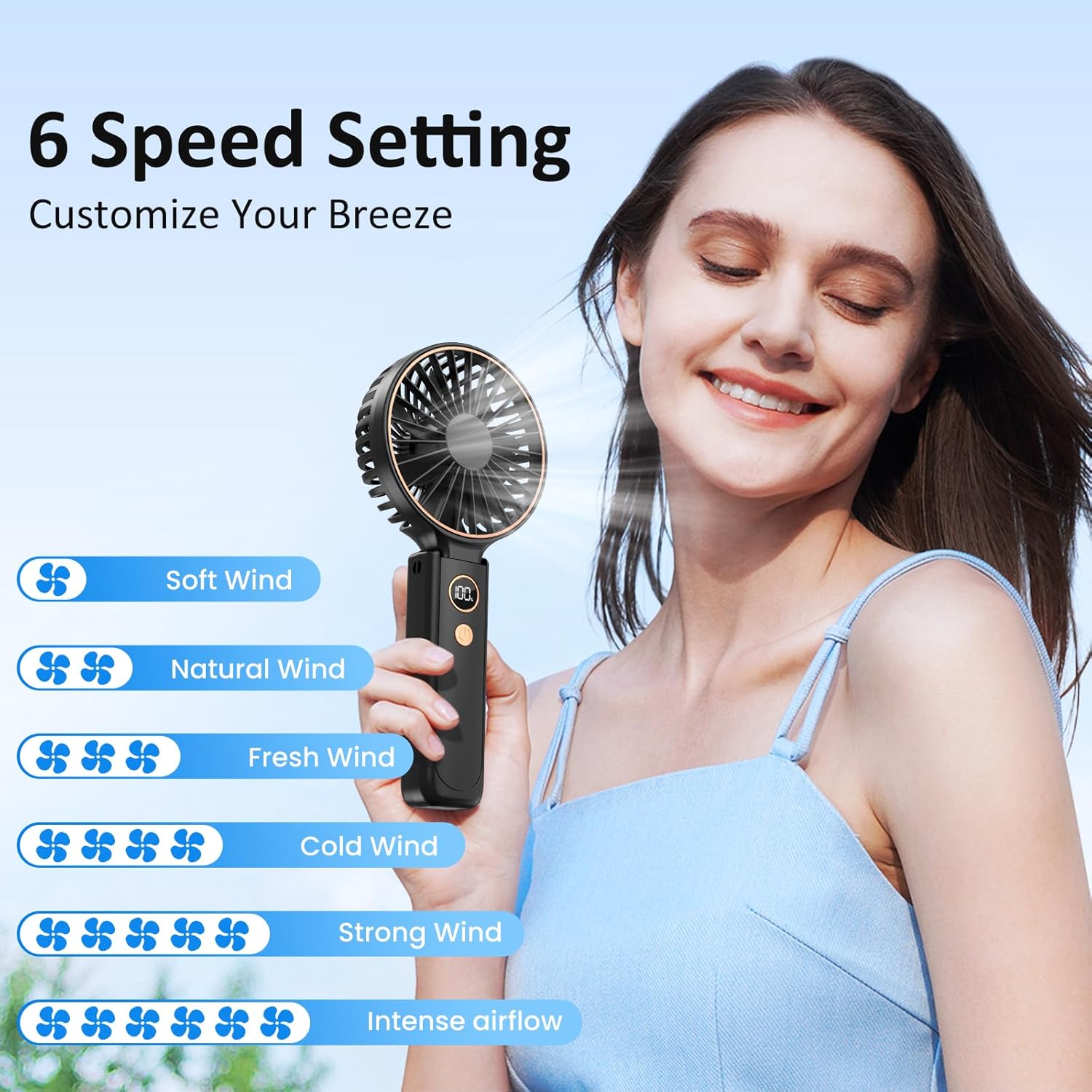 Detalle 2 de Rintea Hand Held Fan – 6-Speeds, 4000mAh Rechargeable Portable Fan with LED Display (Black)