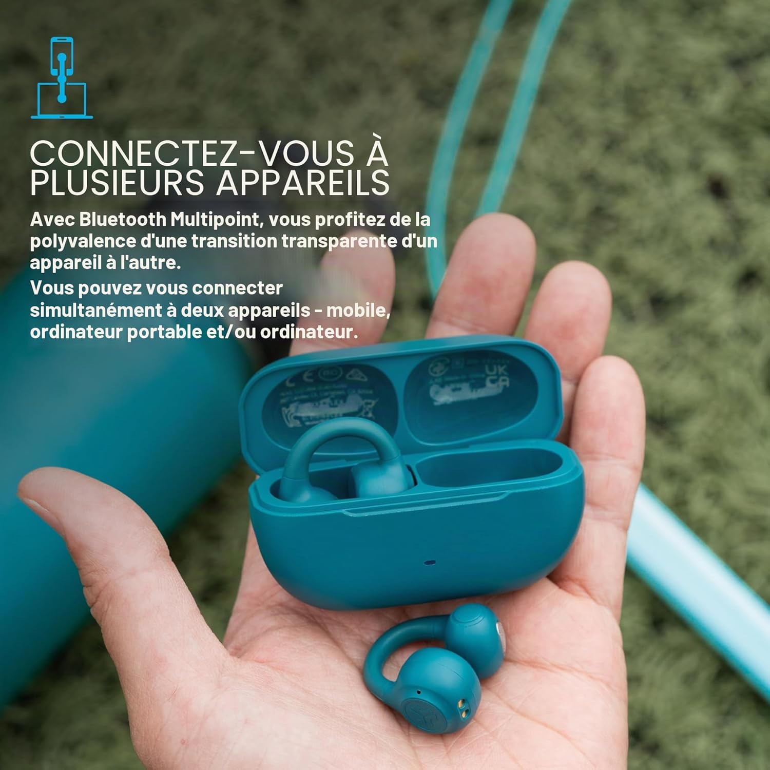 Detalle de JLab Flex casque à oreille ouverte avec Bluetooth multipoint, autonomie annoncée jusqu’à 21 h et personnalisation via application (sarcelle)
