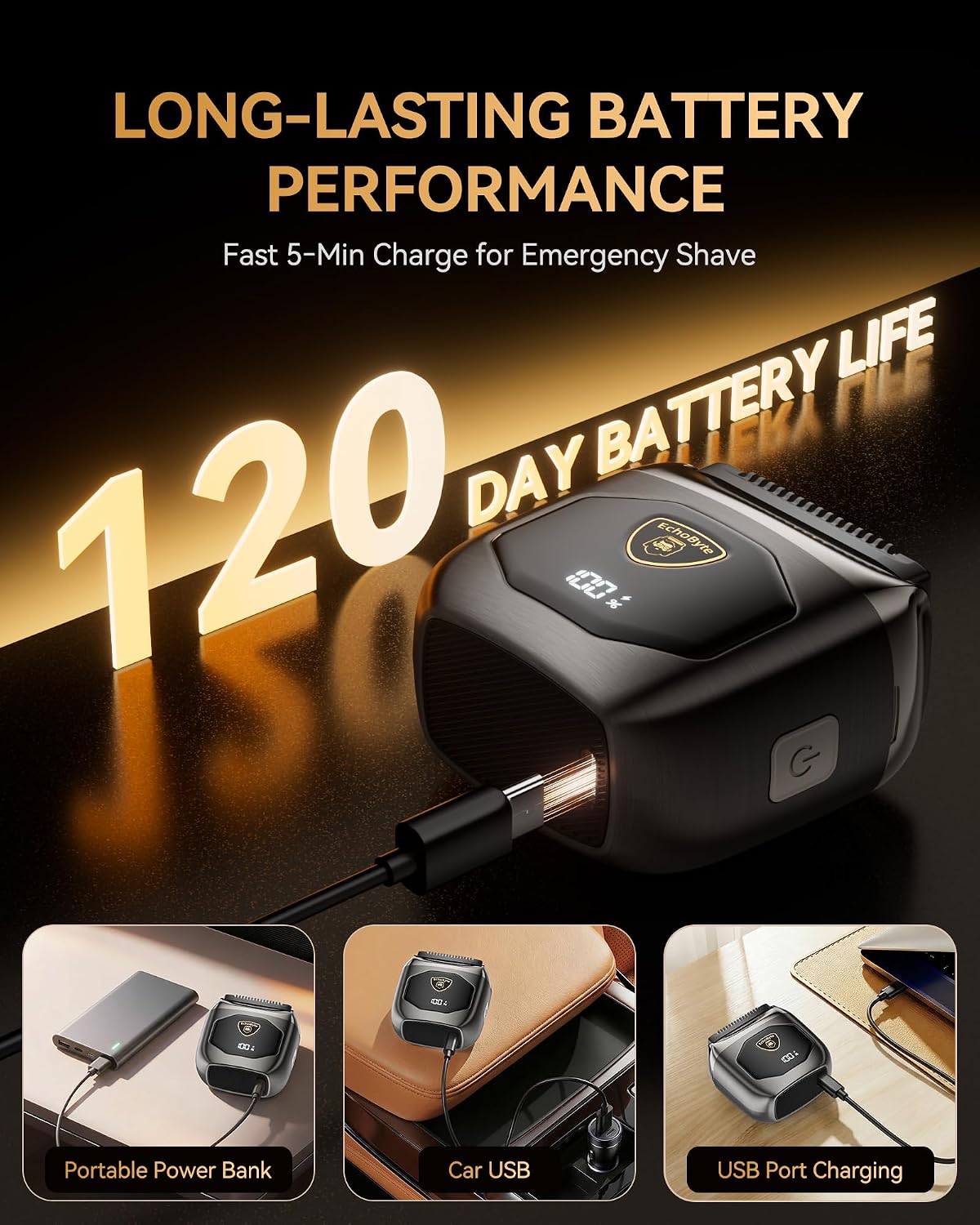 Thumbnail 6 de EchoByte Full Metal Electric Foil Shaver for Men: 4 Floating Blades, IPX7, 120-Min Runtime, USB-C
