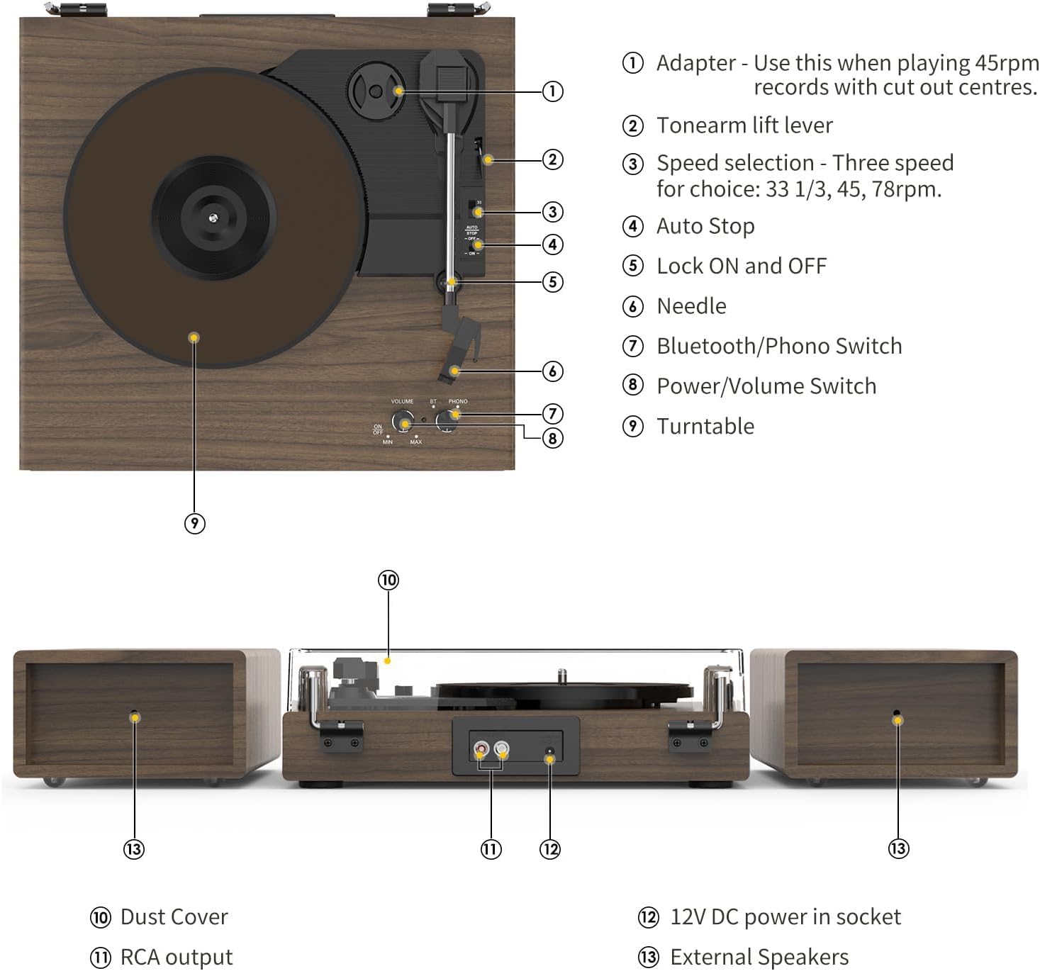 Detalle 2 de RetroAudio Belt-Drive Record Player with Bluetooth, 3 Speeds and Dual Speakers