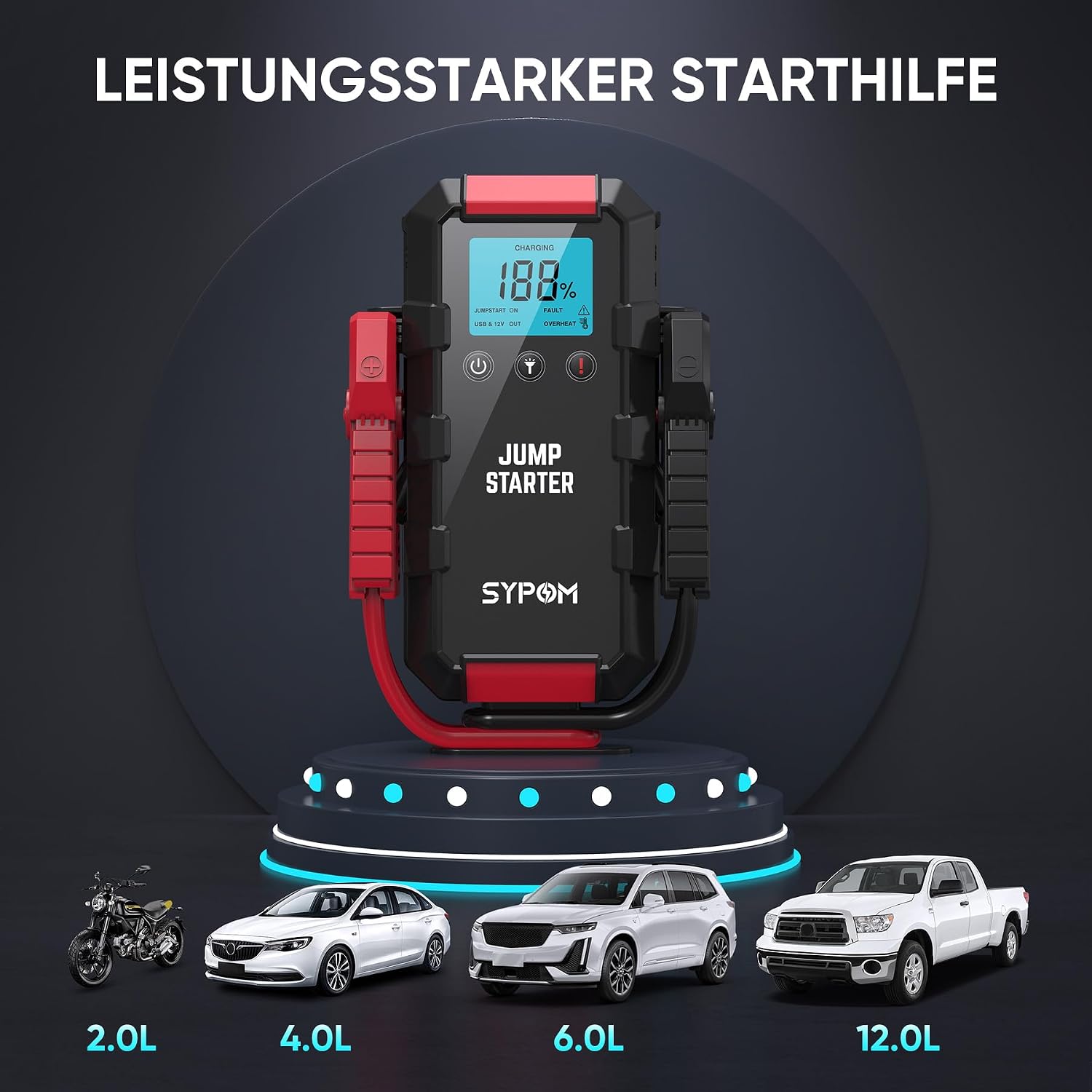 Thumbnail 5 de SYPOM Autobatterie-Starthilfe 6000A: 4-in-1 Notfallstarter mit LED-Taschenlampe und Powerbank