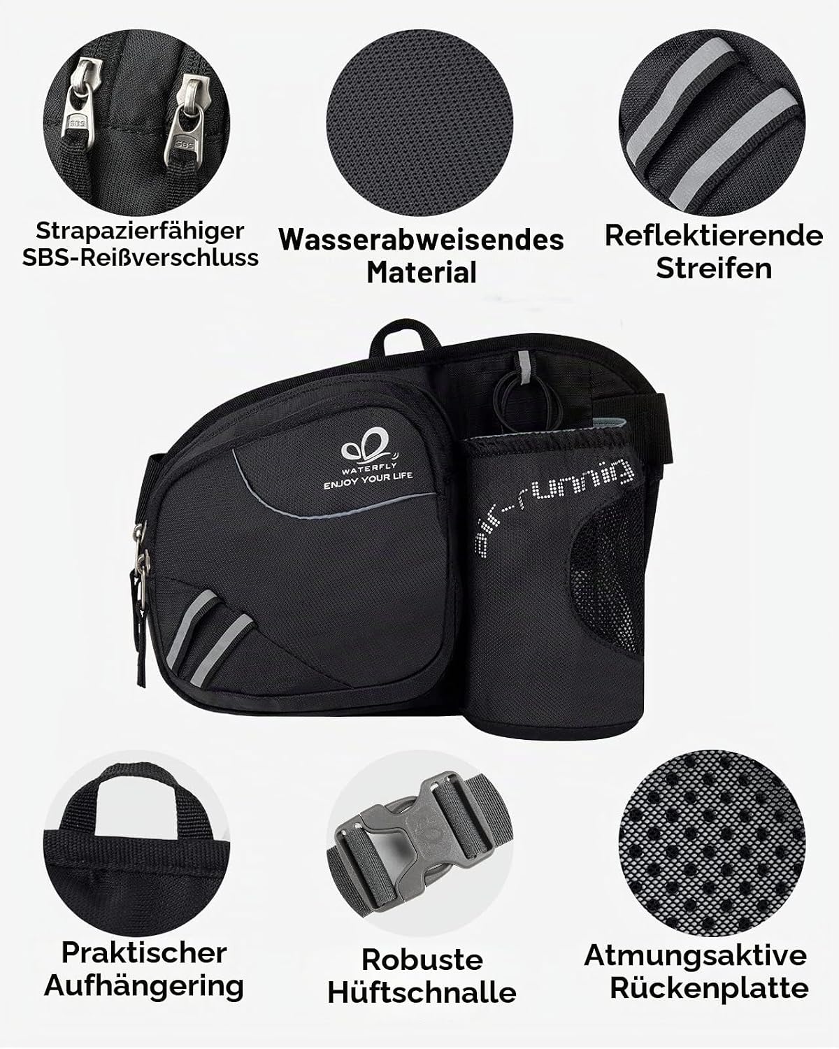Detalle de Waterfly Gürteltasche Bauchtasche mit Flaschenhalter (atmungsaktiv, wasserdicht) für Damen und Herren