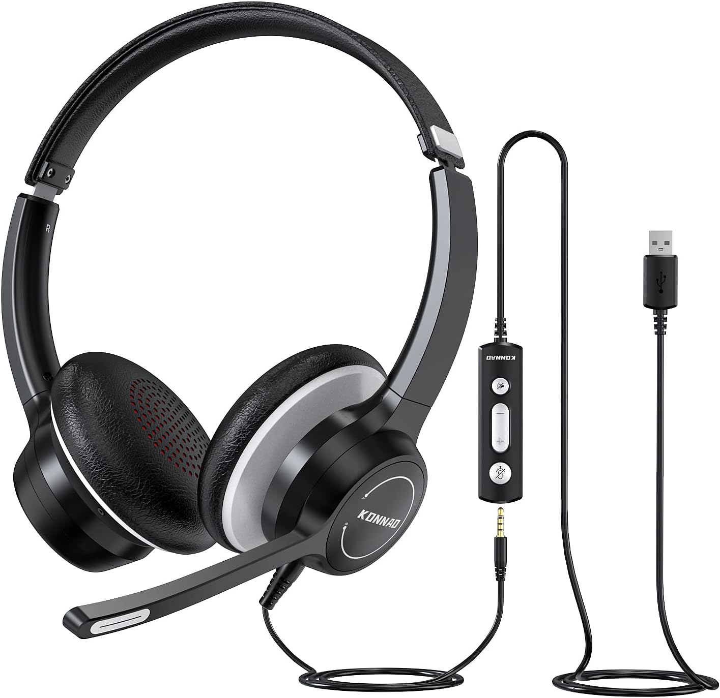Detalle de KONNAO USB Headset with Microphone — 3.5mm wired stereo headset with in-line controls and noise-cancelling mic