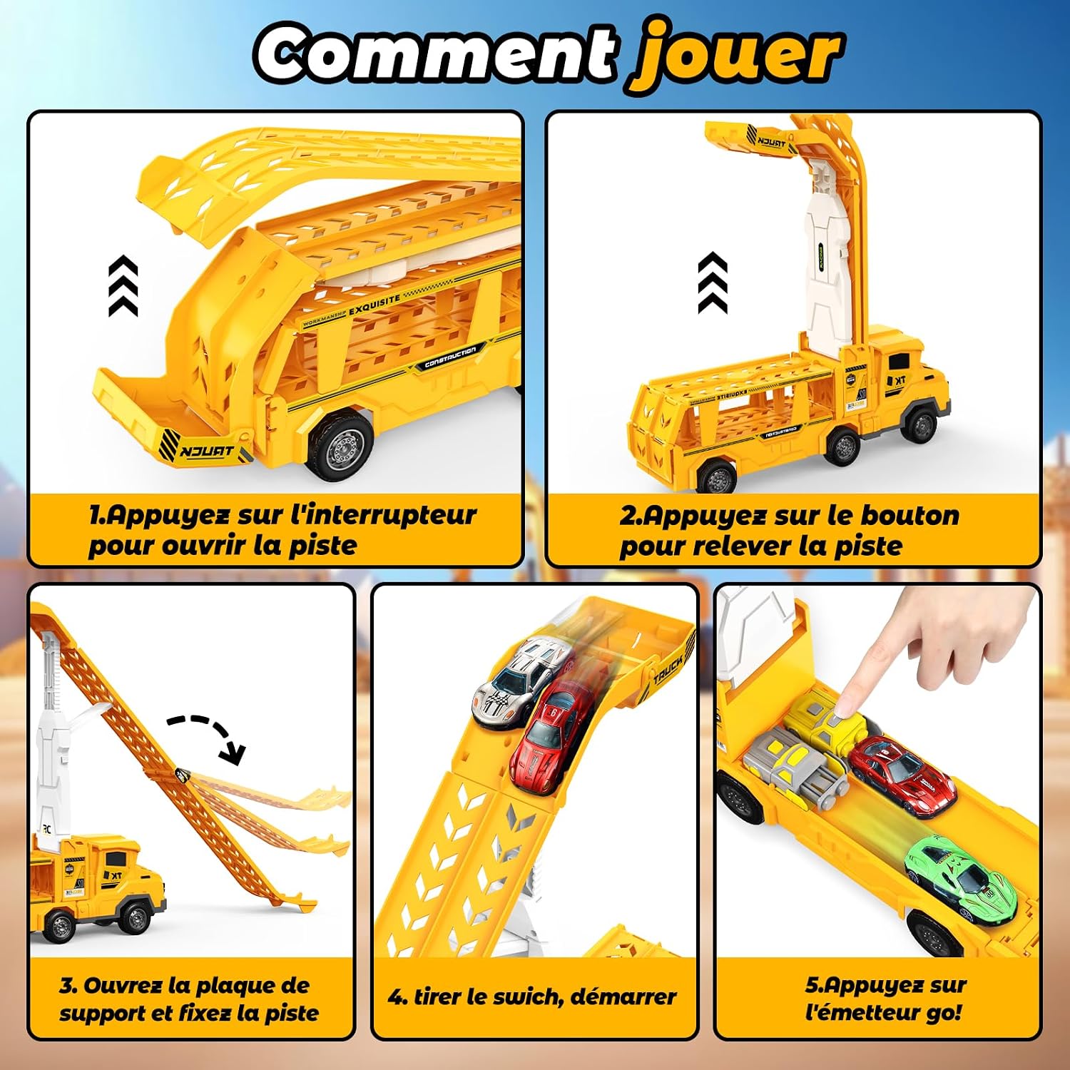 Thumbnail 2 de EUCOCO Transporteur Voiture Enfants 3D – Camion de construction avec 8 mini voitures, jeu 3 en 1 (2 pistes intégrées) pour garçons 3–8 ans