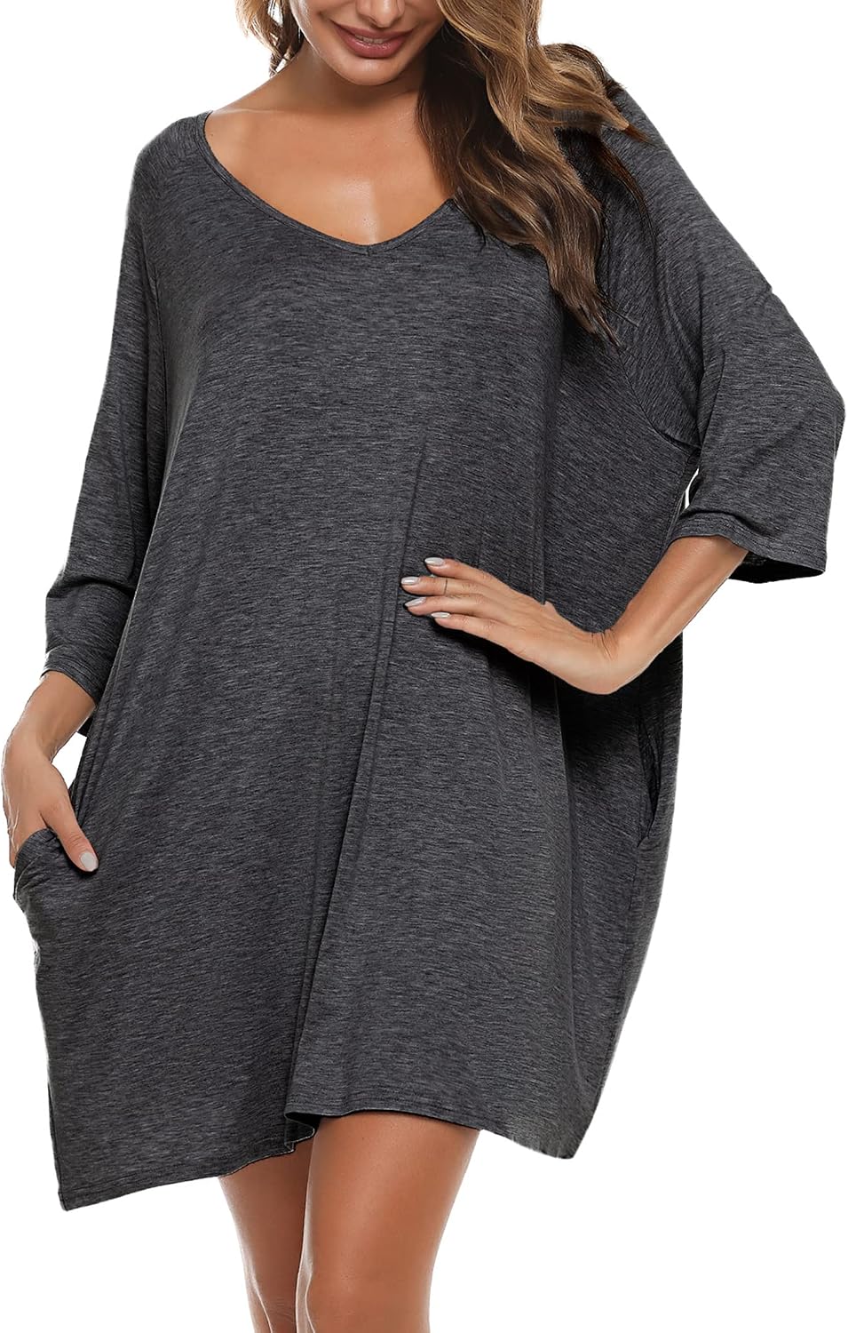 Bresdk Camicia da Notte Donna in Cotone Modal Morbido – Manica 3/4, Scollo a V, Taglie Forti e Uso Maternità