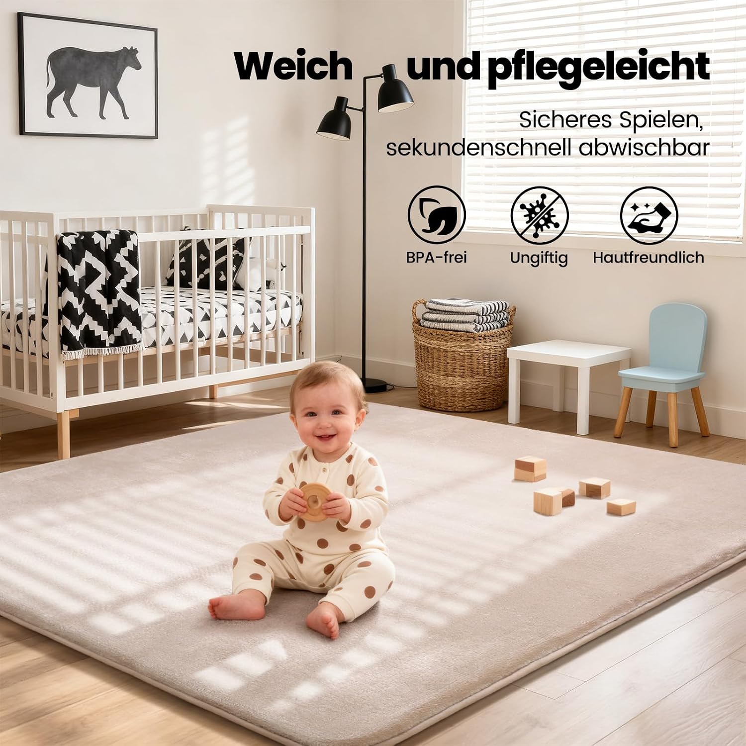 Detalle 2 de Tuocal Krabbelmatte Baby 127×127cm – 3 cm Dicke Memory-Schaum, rutschfest, beige